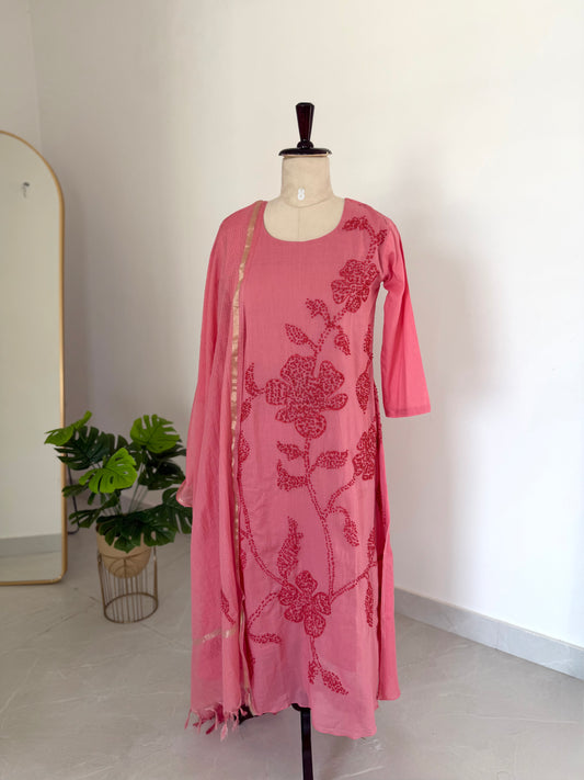 K495 - Mul chanderi embroidered Aline Kurti with pants and dupatta