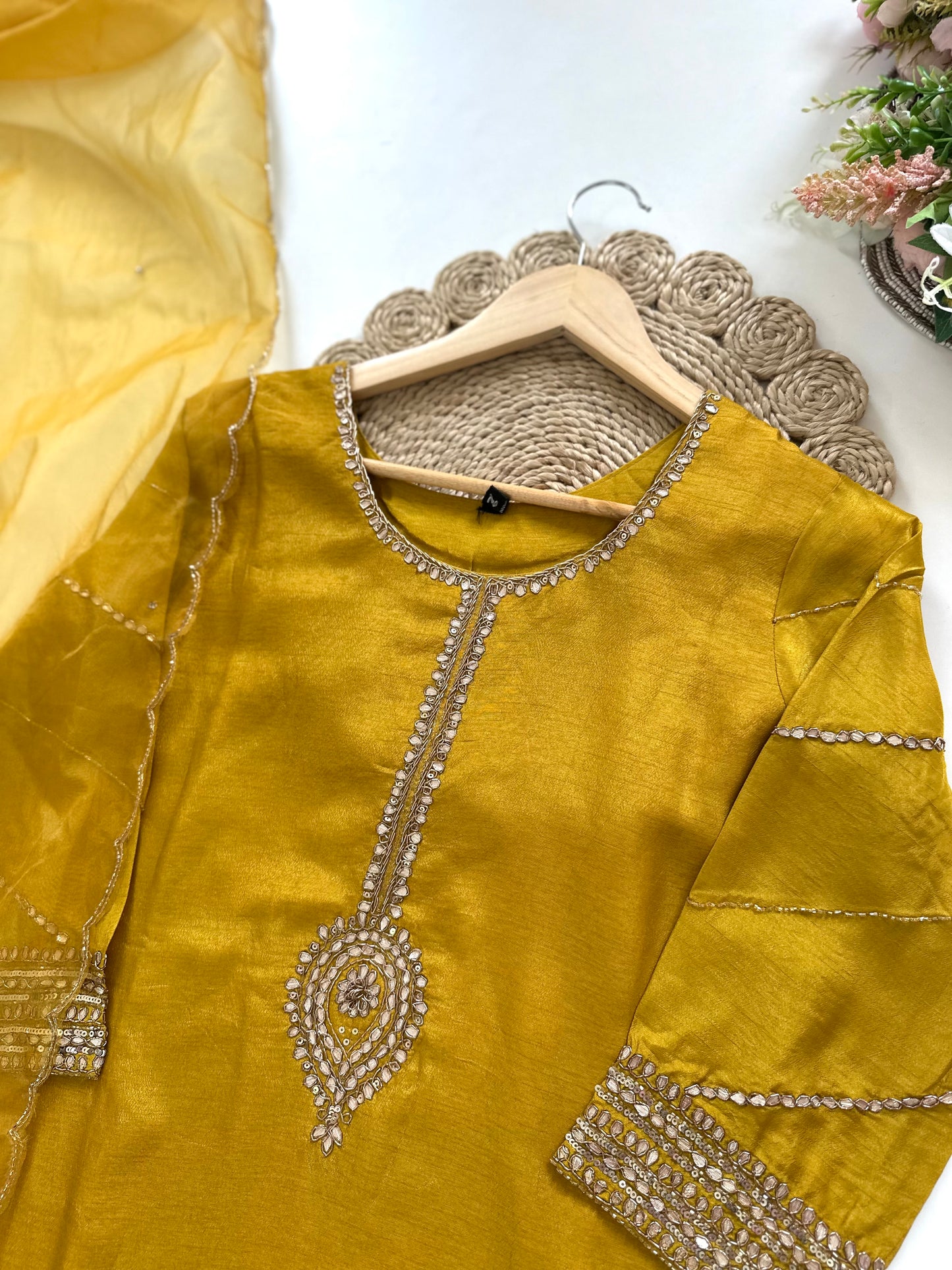 K271 - Russian silk Gota work Straight kurti with pants and dupatta