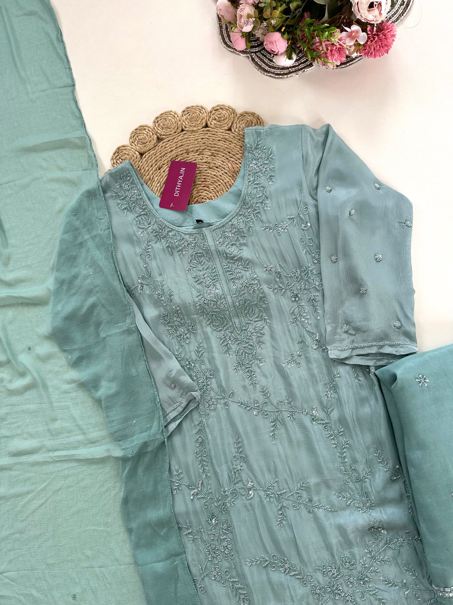 K256 - Chinnon Handwork Kurti with palazzo pants and chiffon dupatta