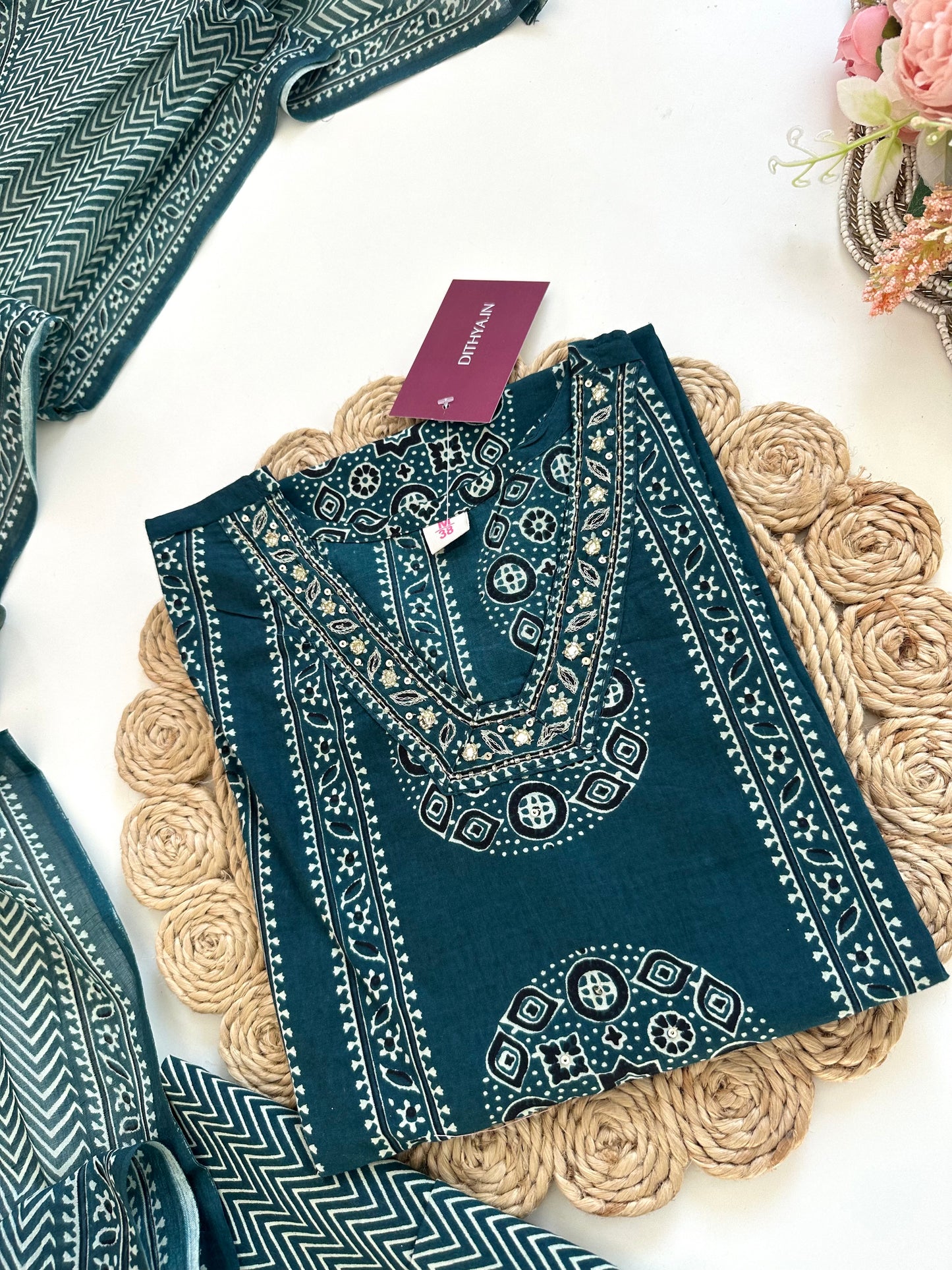 K059 - Cotton Straight kurti with pants and dupatta in 2 colours
