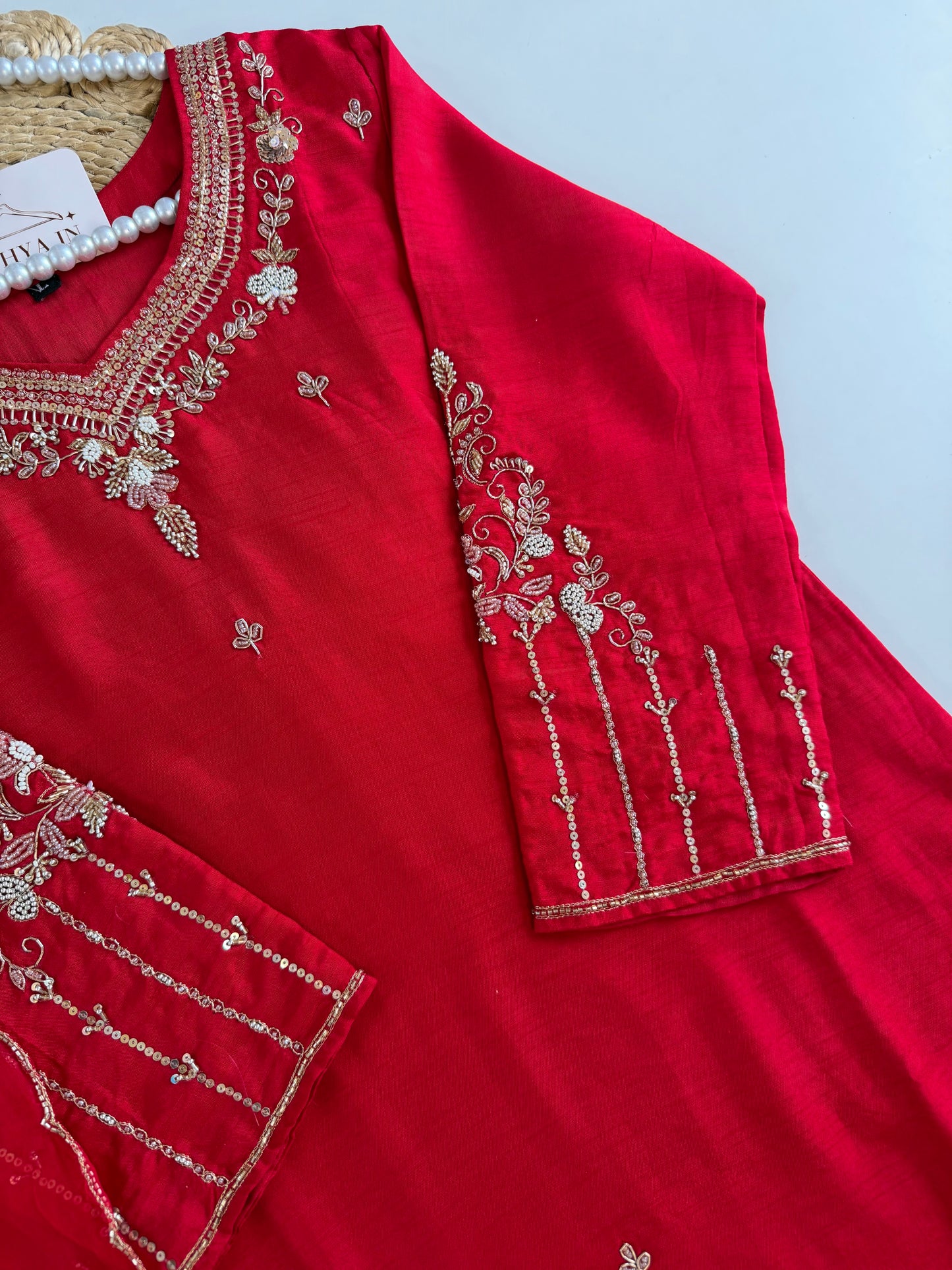 K552 - Russian silk handwork straight Kurti with pants and dupatta