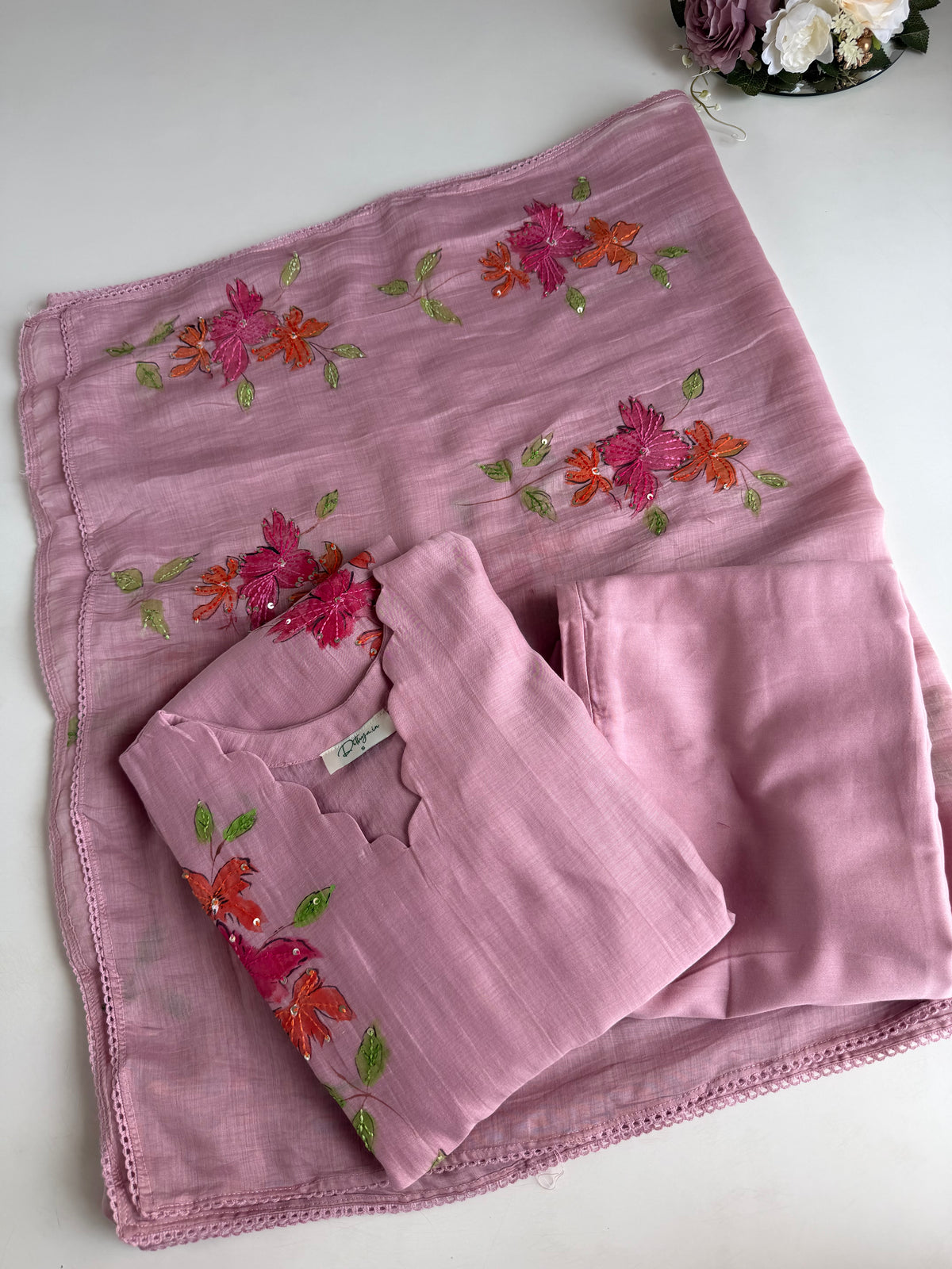 K355 - Mul Chanderi hand painted embroidered Aline Kurti with pants and dupatta in 3 colours