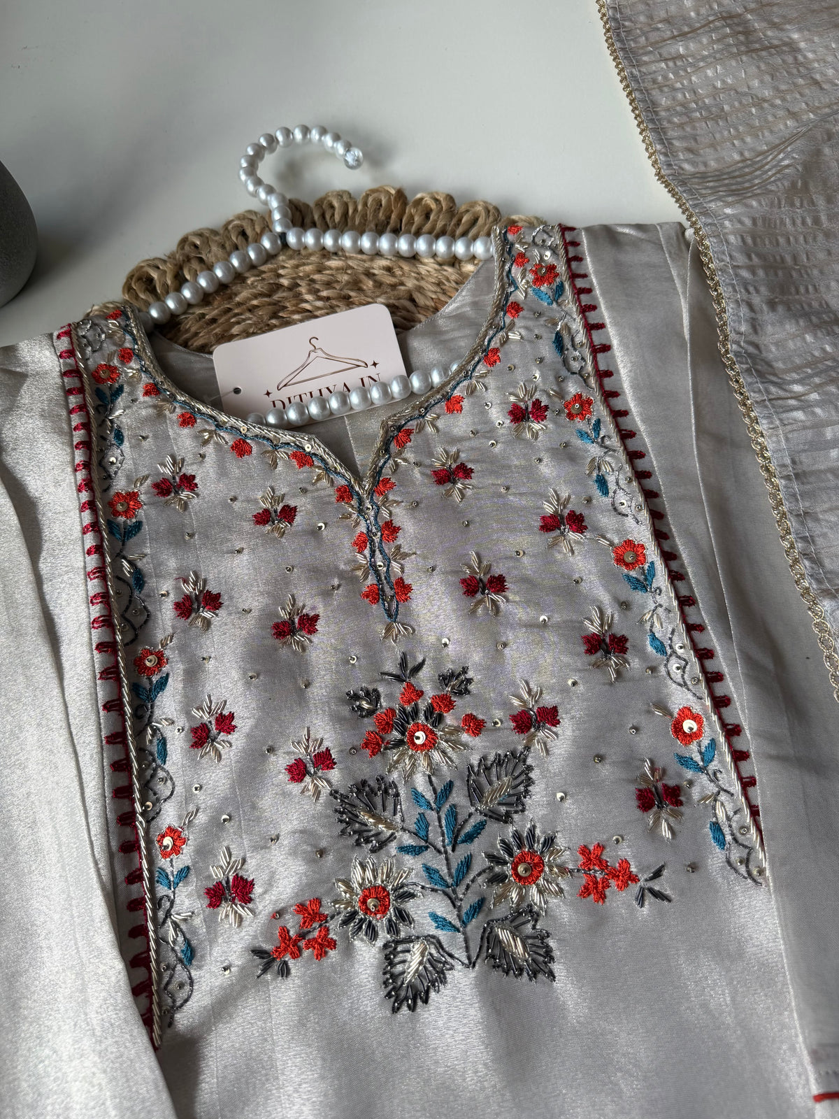 K588 - Kanjivaram Tissue silk Aline Kurti with pants and dupatta