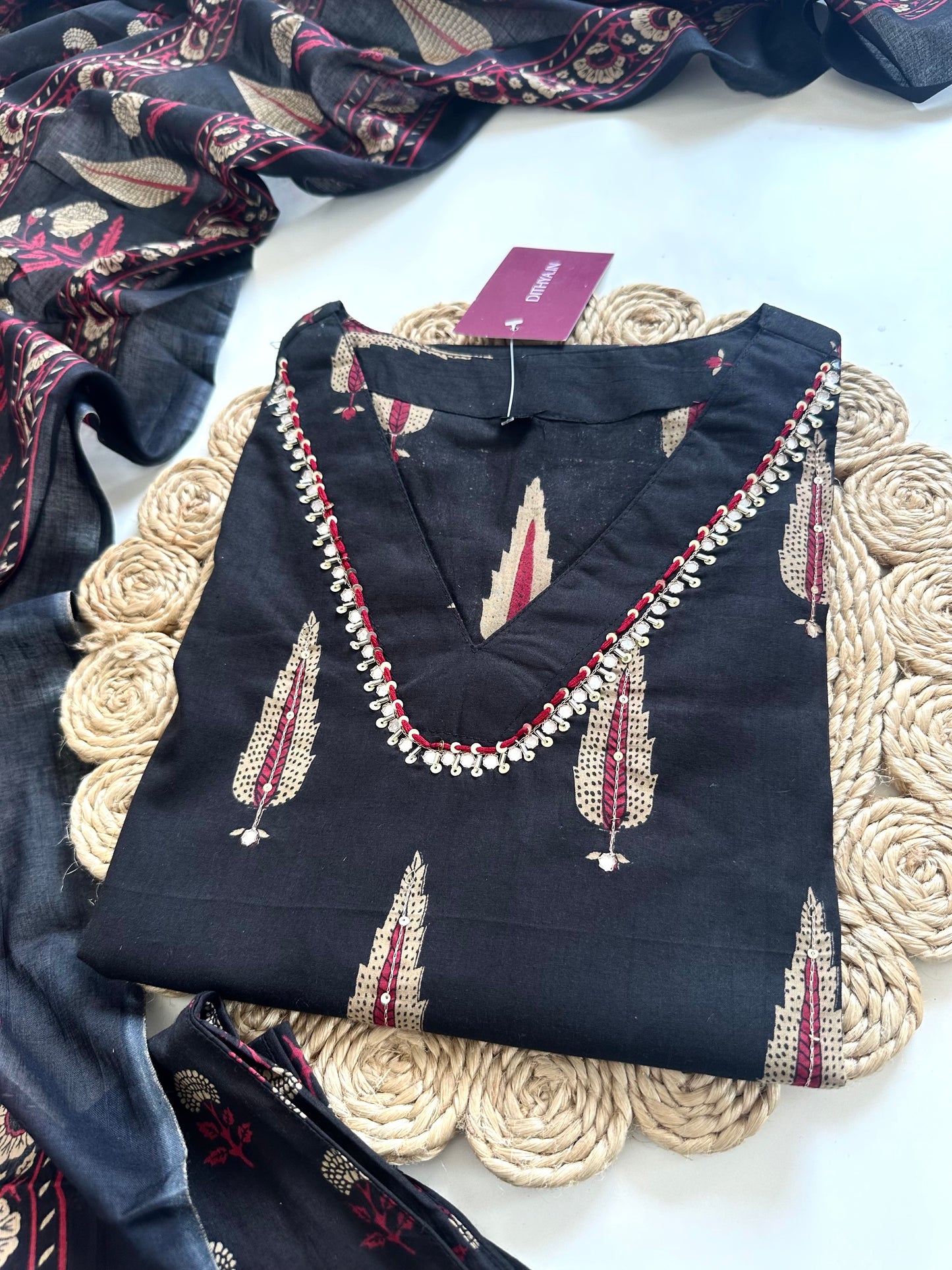 K234 - Cotton printed straight kurti with pants and dupatta.