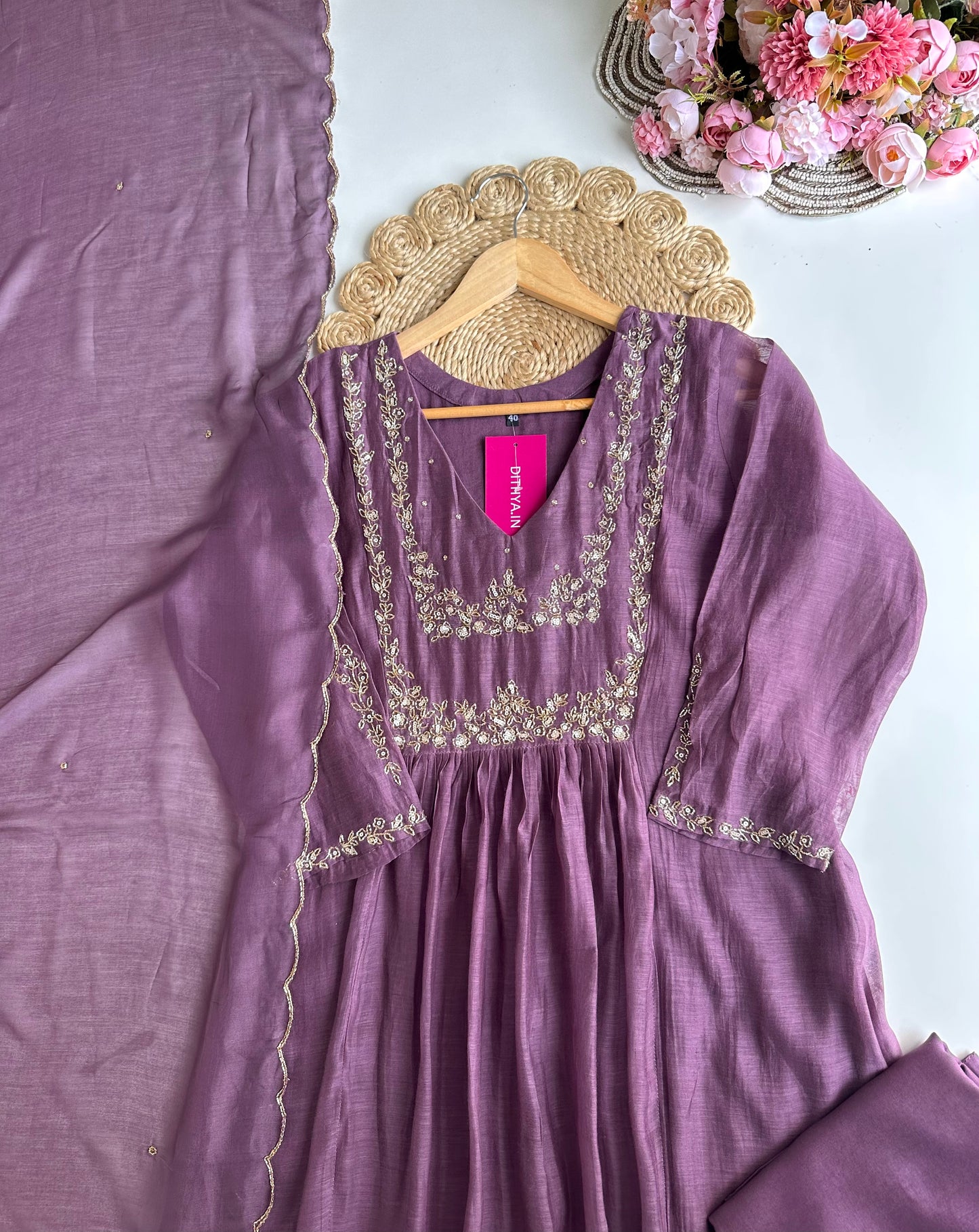 K076 - Mul Chanderi handwork Aline Kurti with pants and dupatta