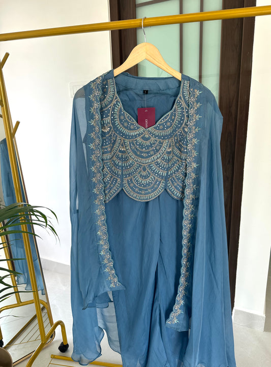 K052 - Soft Organza handwork Cape, crop top and divider pants