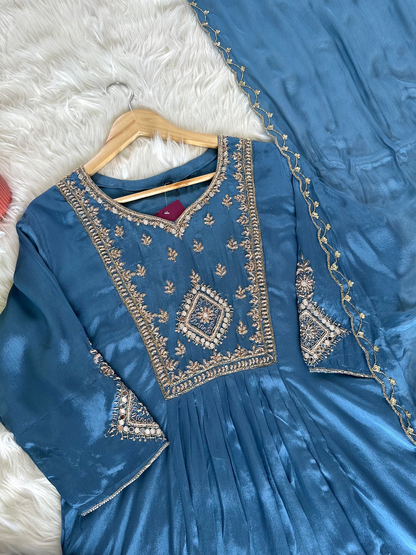 K399 - Handwork Chinnon Anarkali with pants and dupatta in 2 colour
