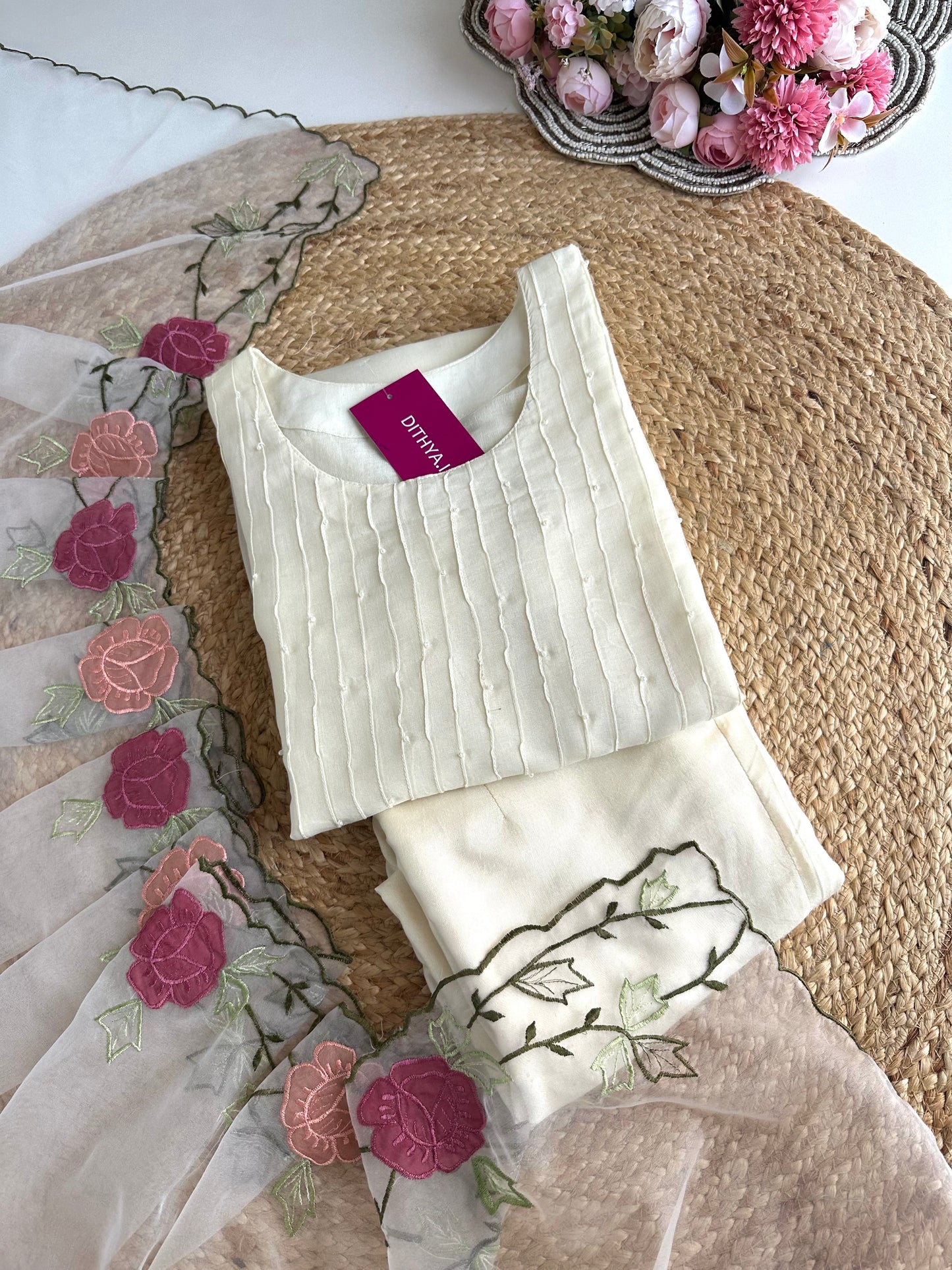 K291 - Mul Chanderi appliqué work Aline Kurti with pants and dupatta