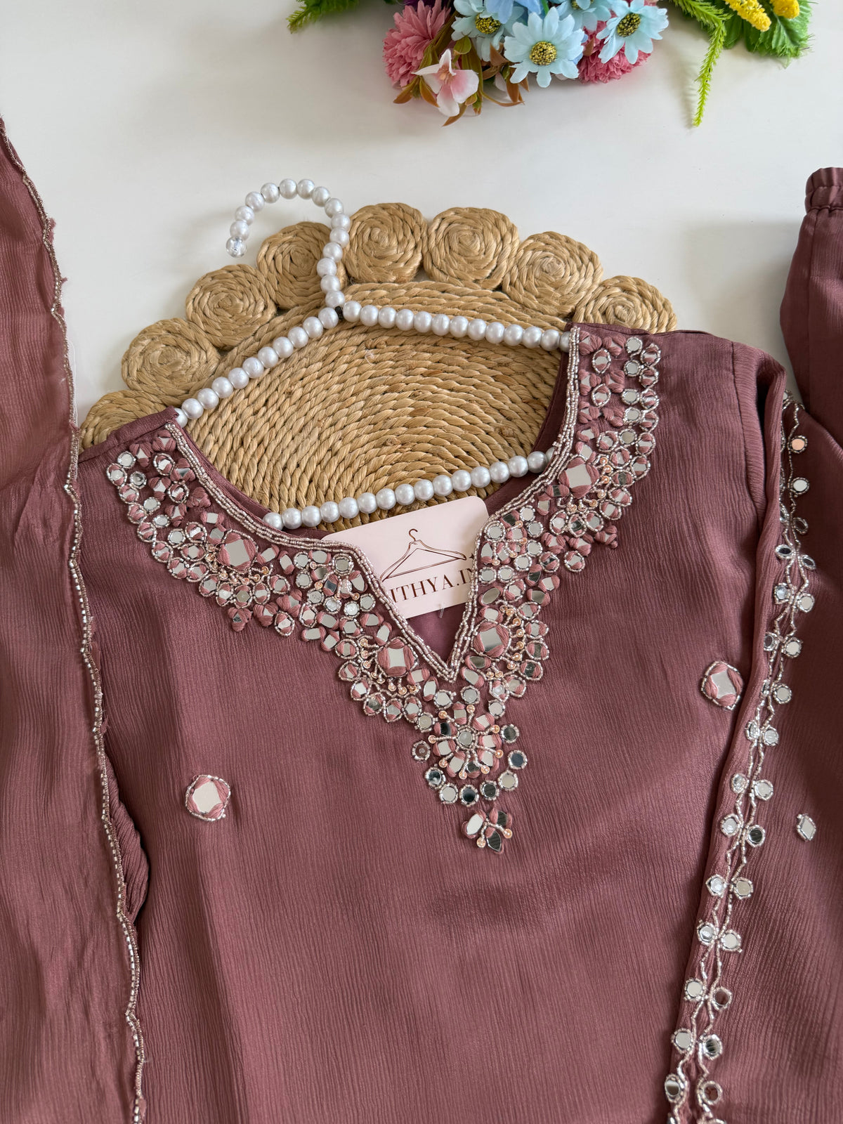 K204 - Pure Chinnon mirror work short Kurti with divider pants and dupatta