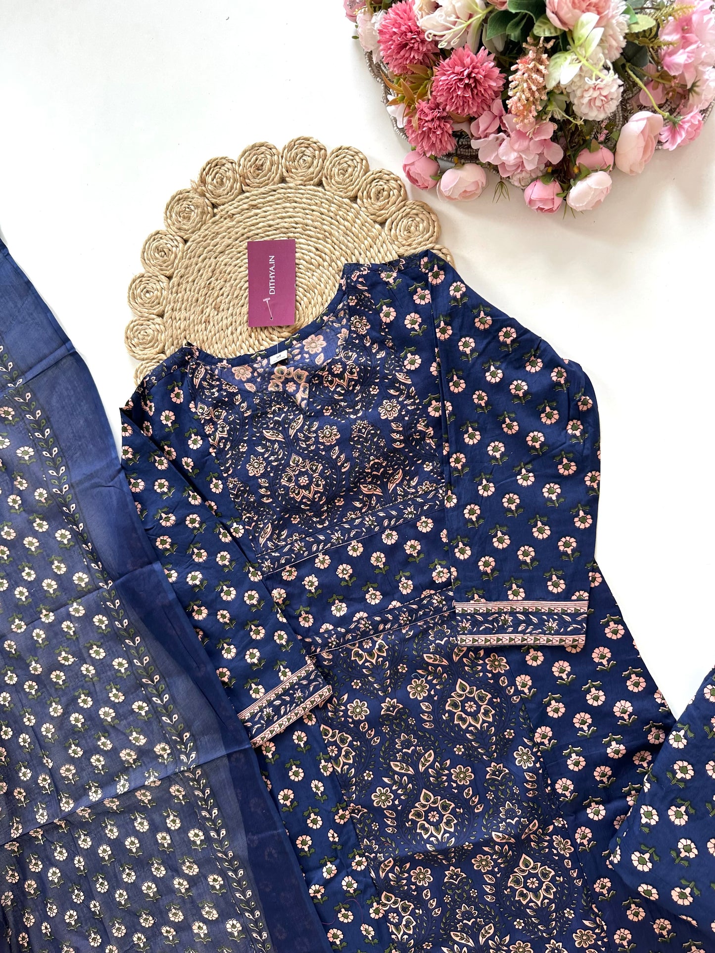 K201 - Cotton printed Straight Kurti with pants and dupatta in 2 colours