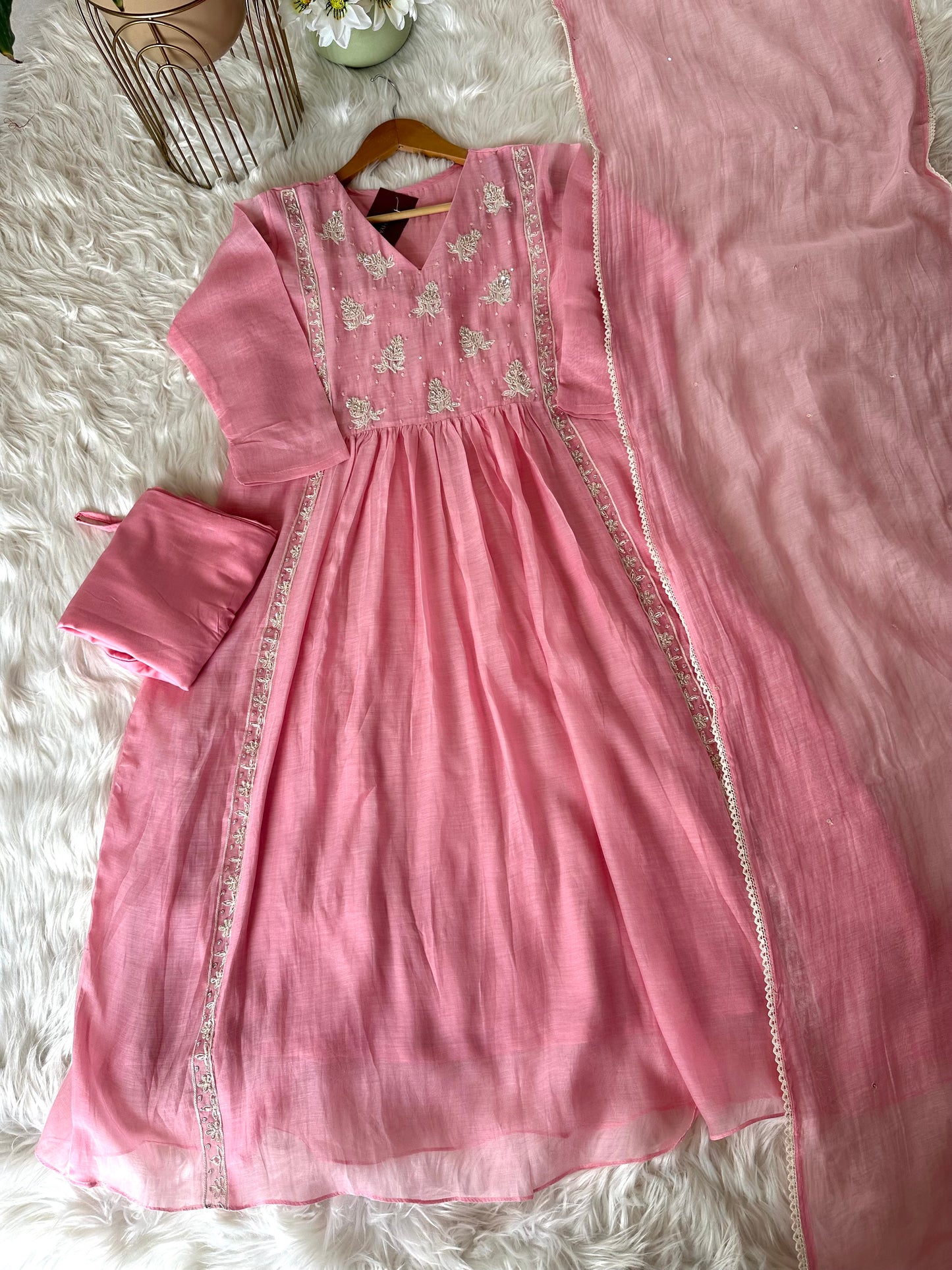 K007 - Mul Chanderi handwork Anarkali with pants and dupatta
