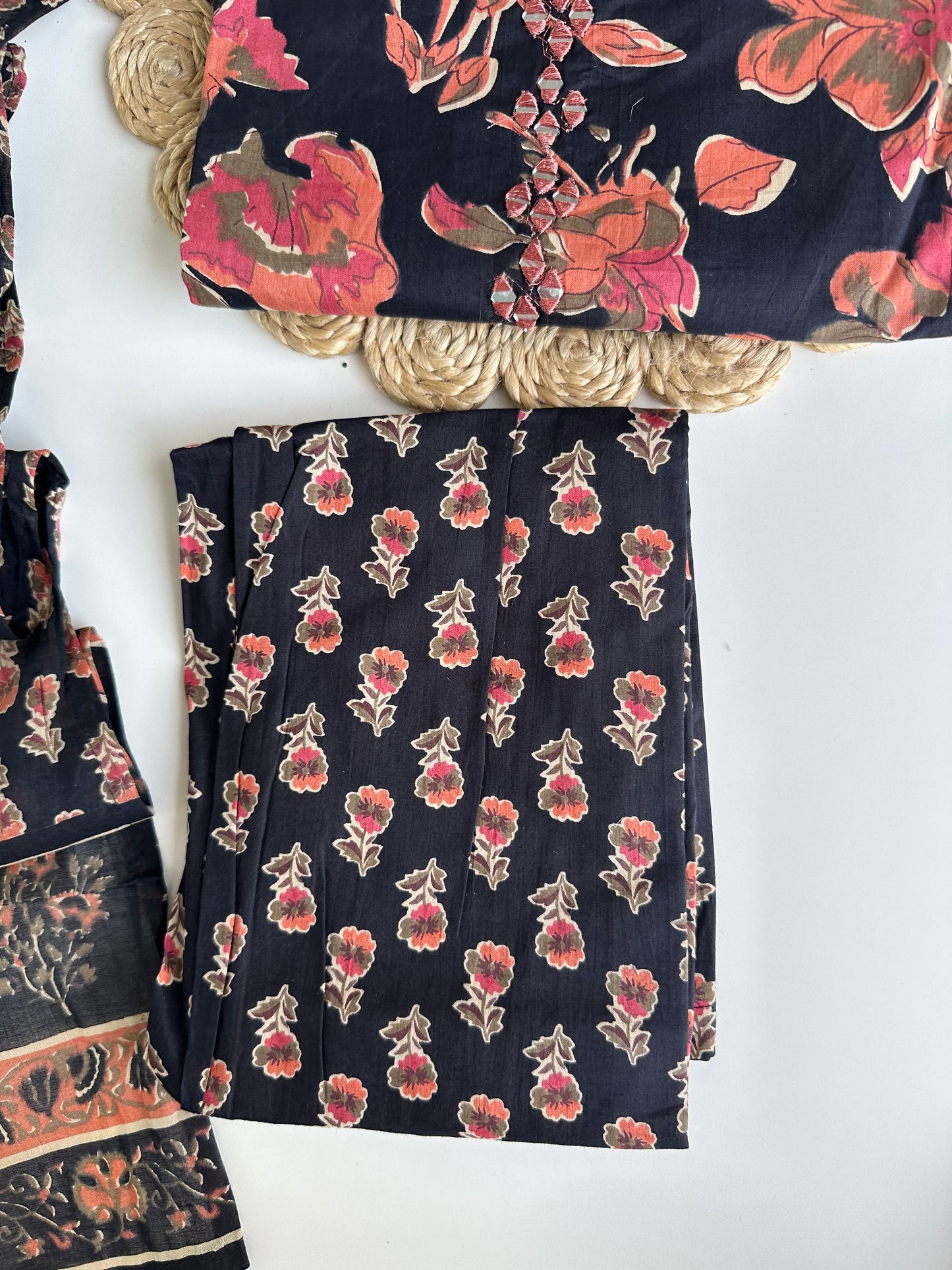 K071 - Cotton floral straight Kurti with pants and dupatta in 4 colours