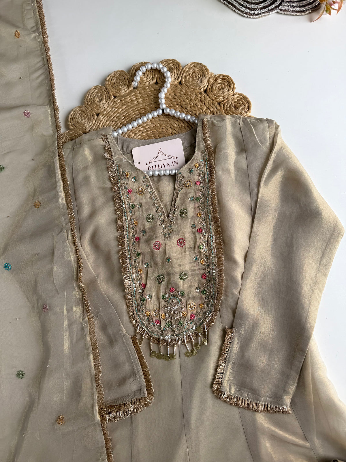 K607 - Tissue silk handwork aline Kurti with pants and dupatta