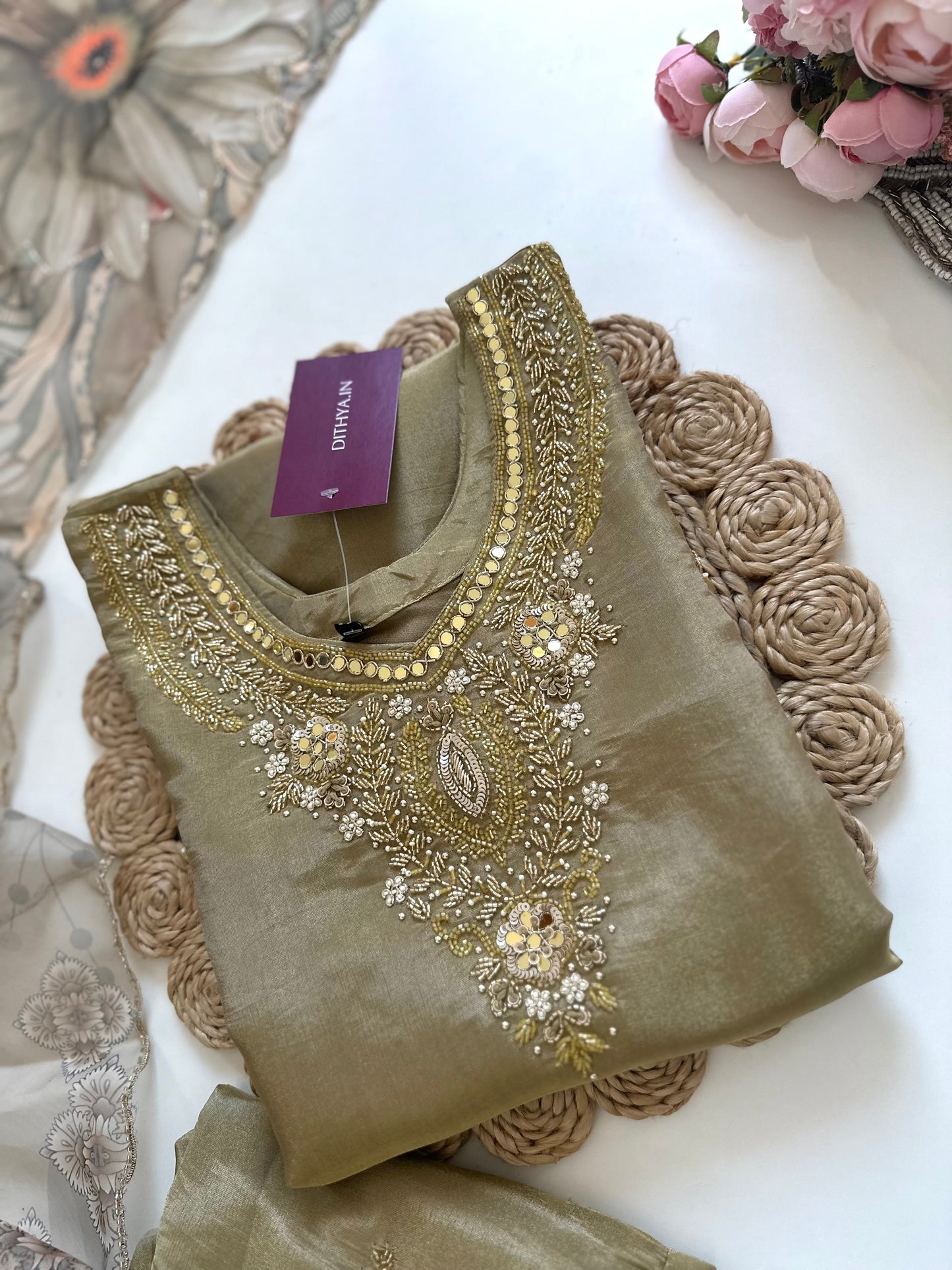 K122 - Tissue silk straight kurti with pants and dupatta.
