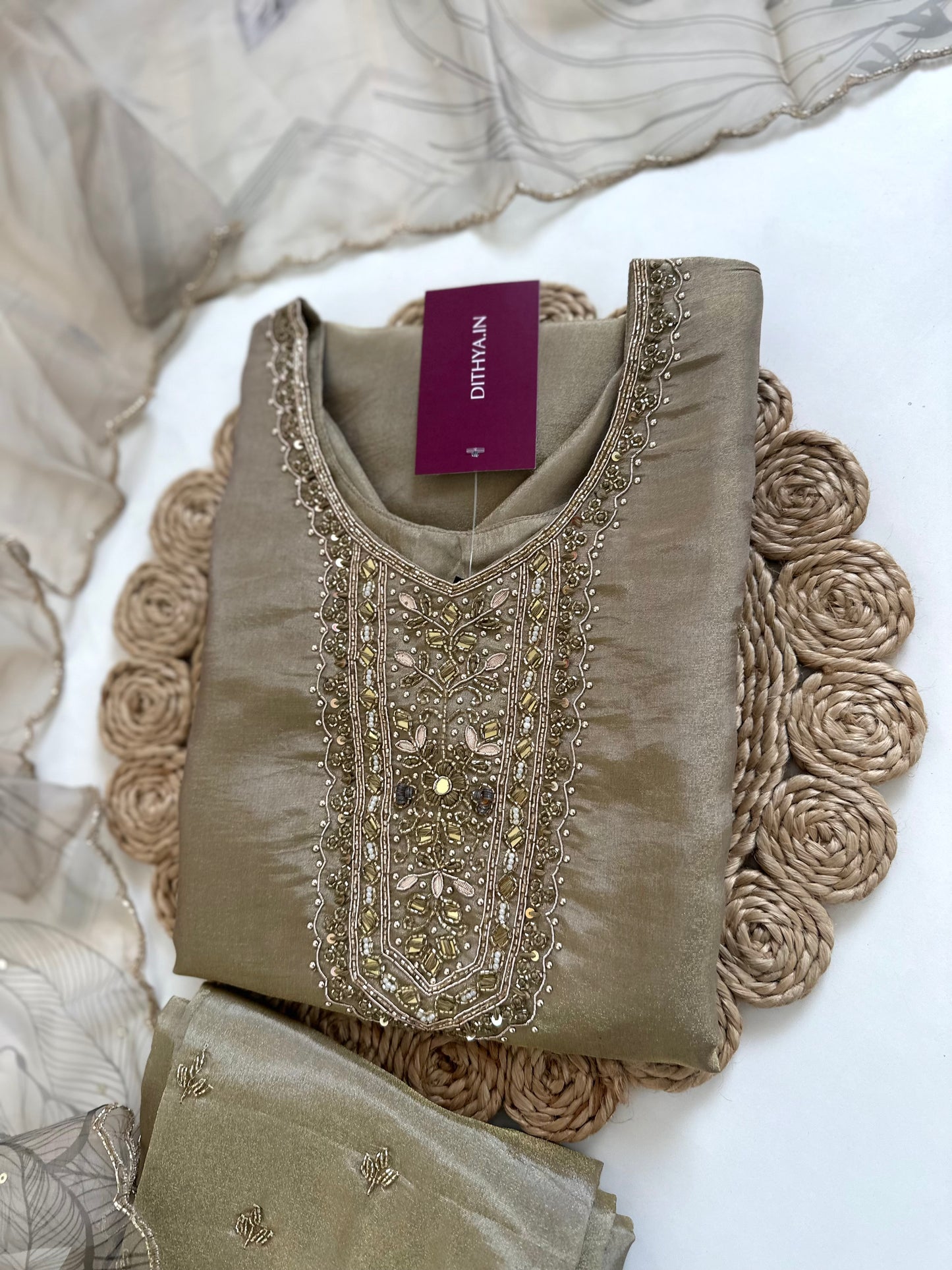 K106 - Tissue silk handwork straight kurti with pants and dupatta