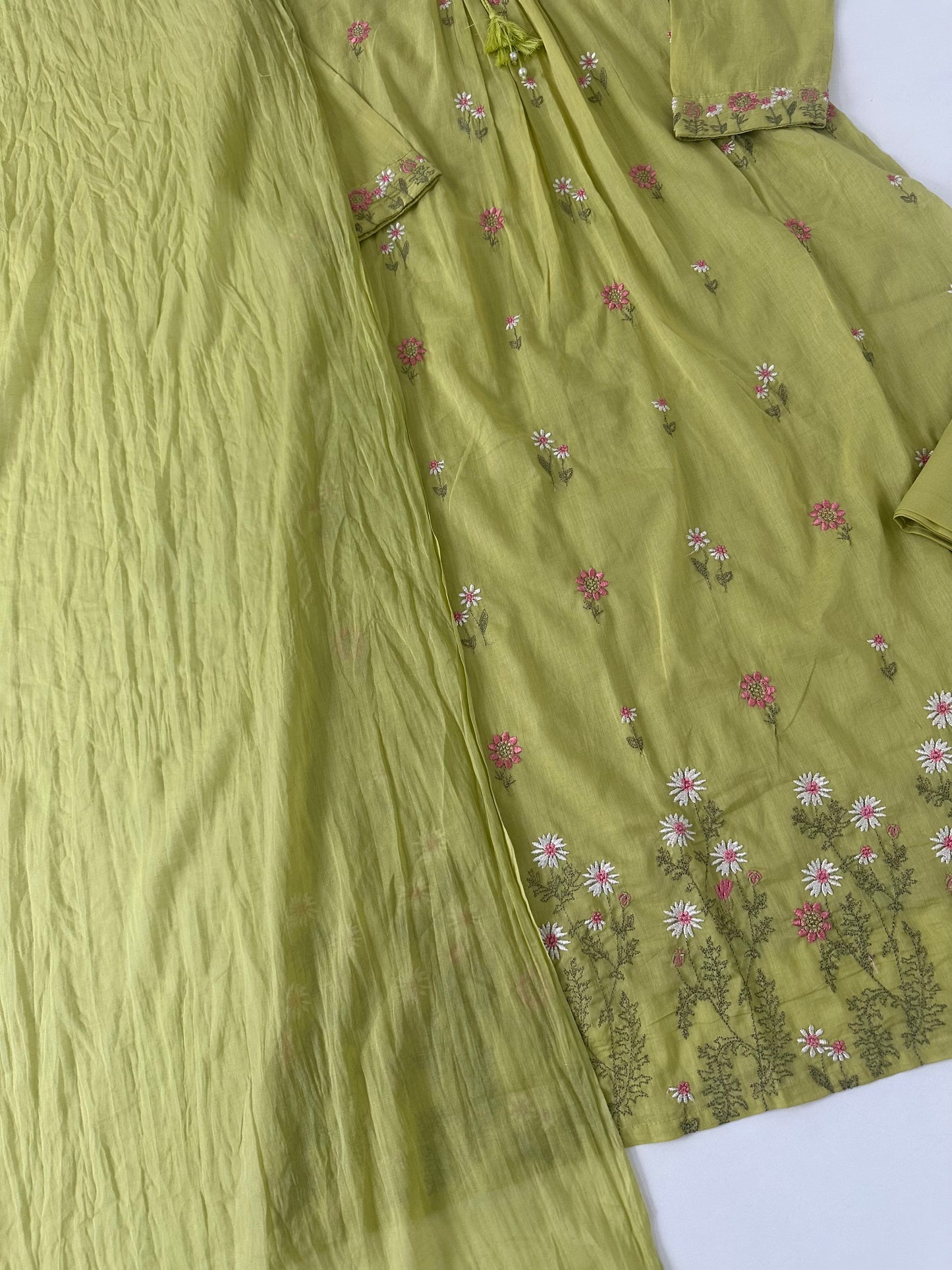 K395 - Mul cotton embroidered Aline Kurti with pants and dupatta in 3 colours