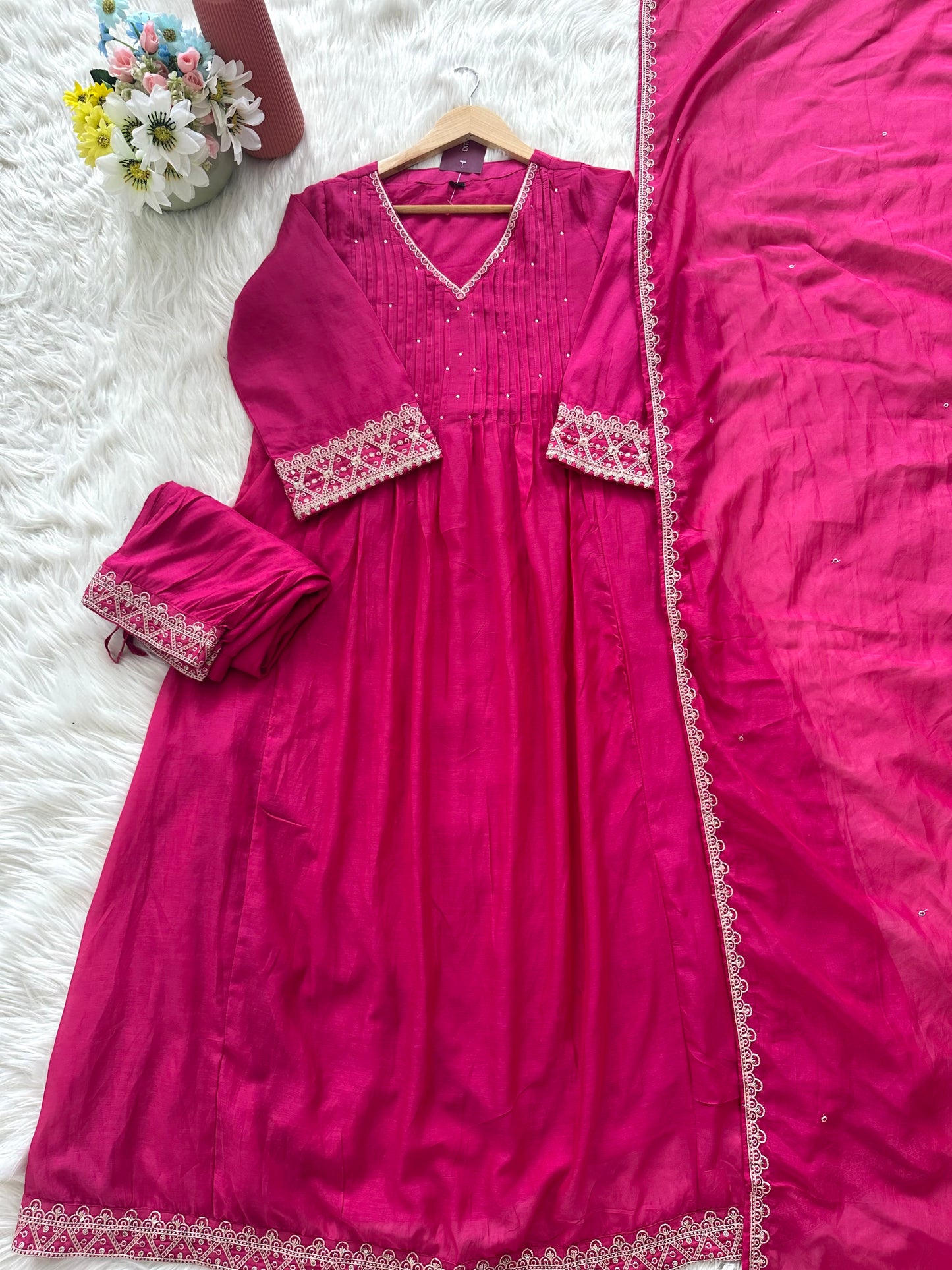 K369 - Mul Chanderi zari work Aline Kurti with pants and dupatta in 2 colours
