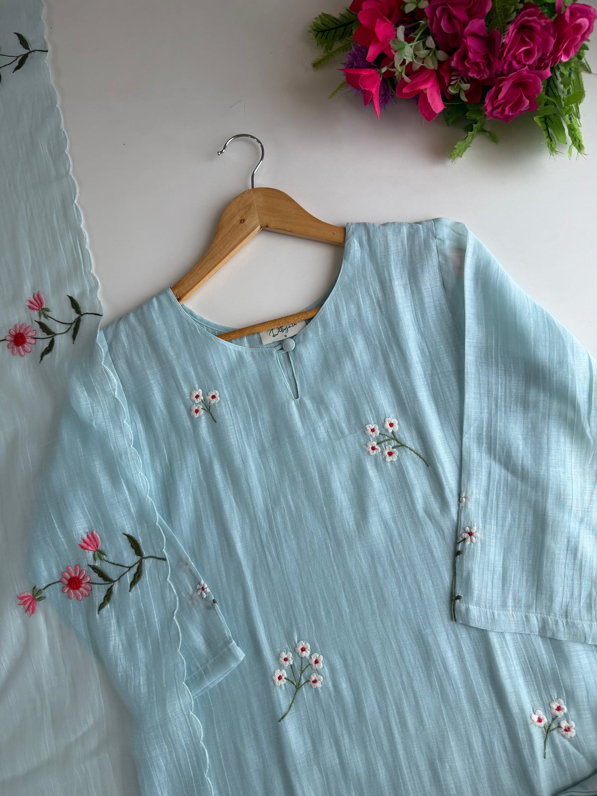 K362 - Mul Chanderi embroidered straight Kurti with pants and dupatta
