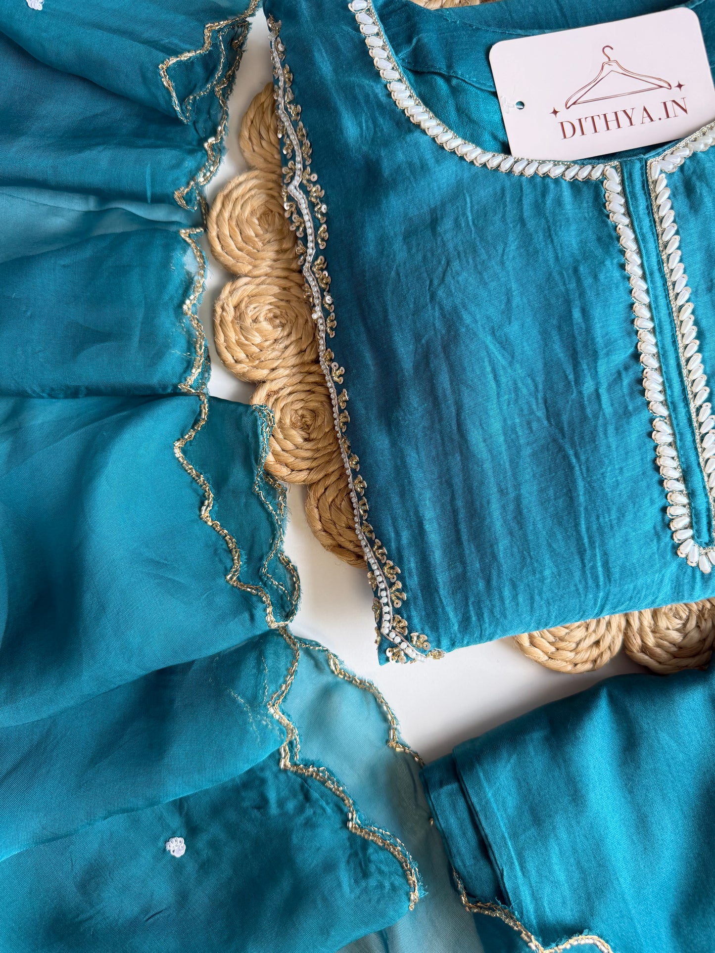 K506 - Mul chanderi handwork aline Kurti with pants and dupatta