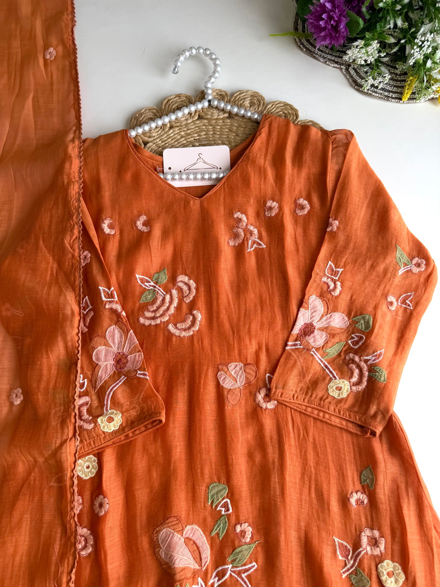 K194 - Mul chanderi embroidered aline Kurti with pants and dupatta