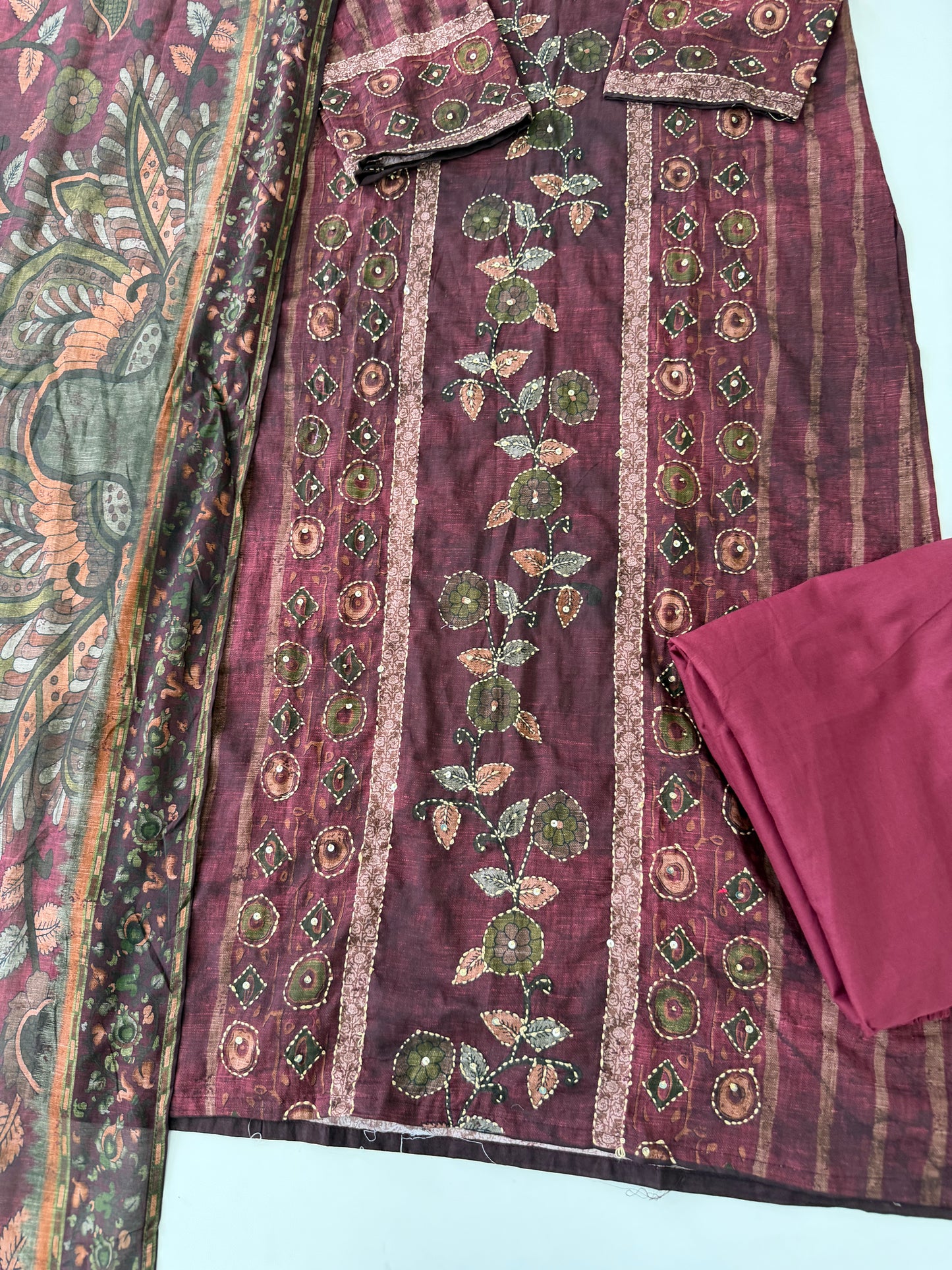 K483 - Cotton katha work straight Kurti with pants and dupatta