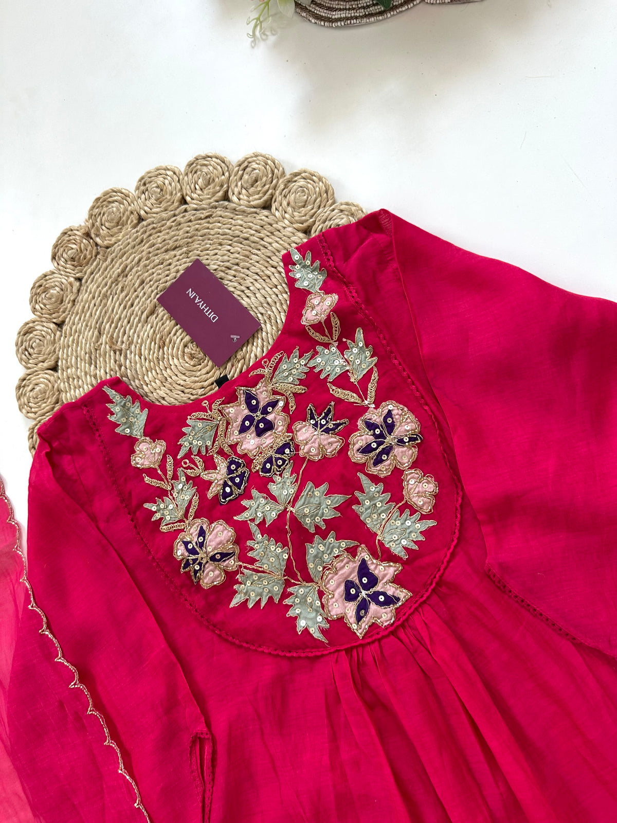 K265 - Mul Chanderi applique work Aline Kurti with pants and dupatta in 2 colours