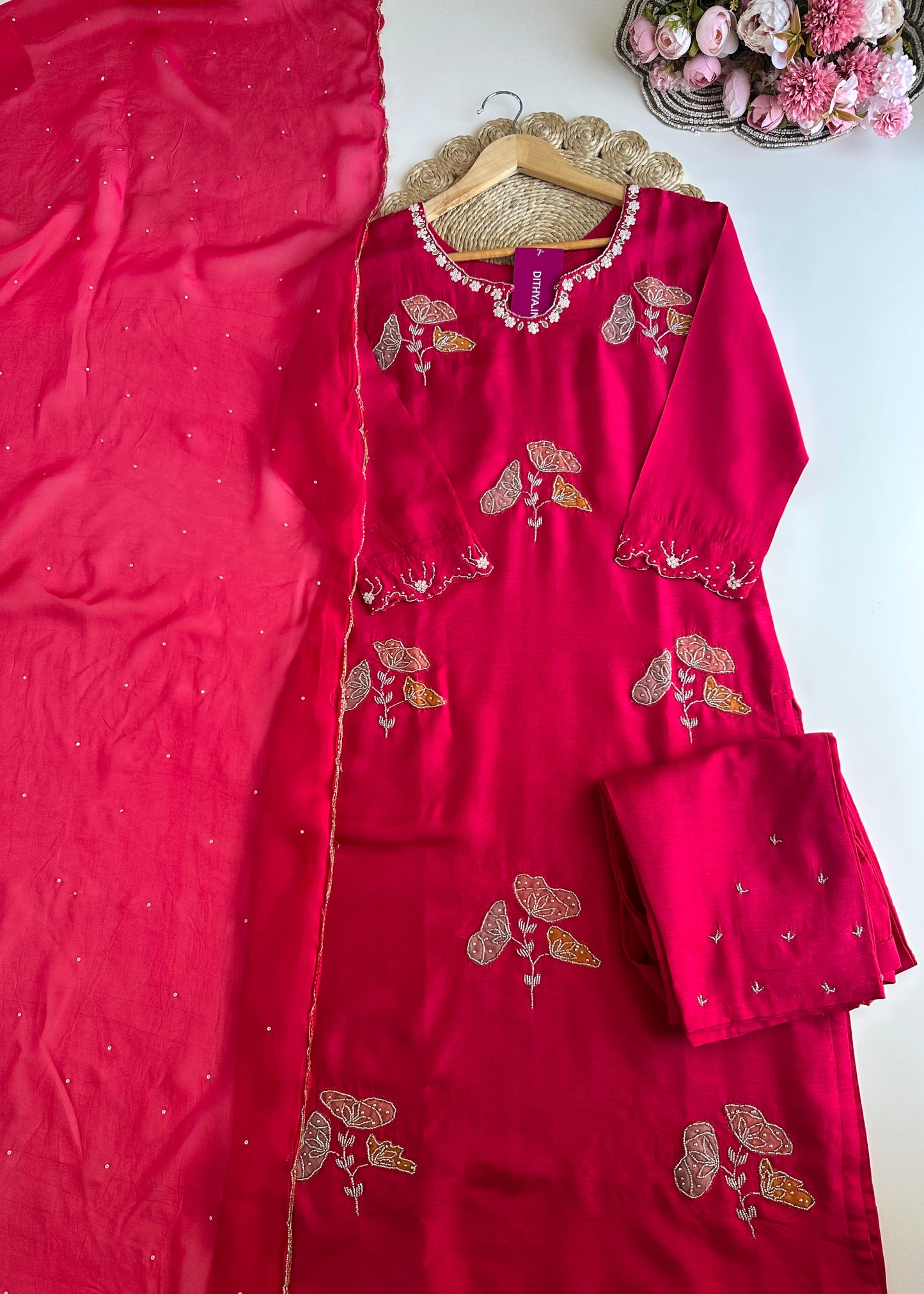 K173 - Russian silk handwork Straight Kurti with pants and dupatta