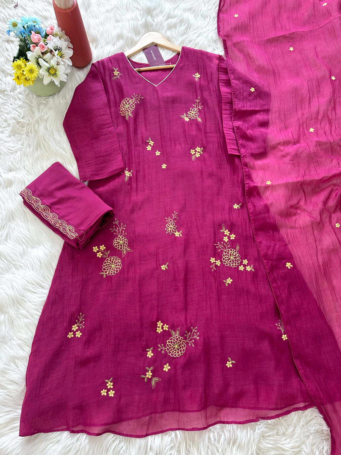 K286 - Mul Chanderi embroidered Aline kurti with palazzo pants and dupatta