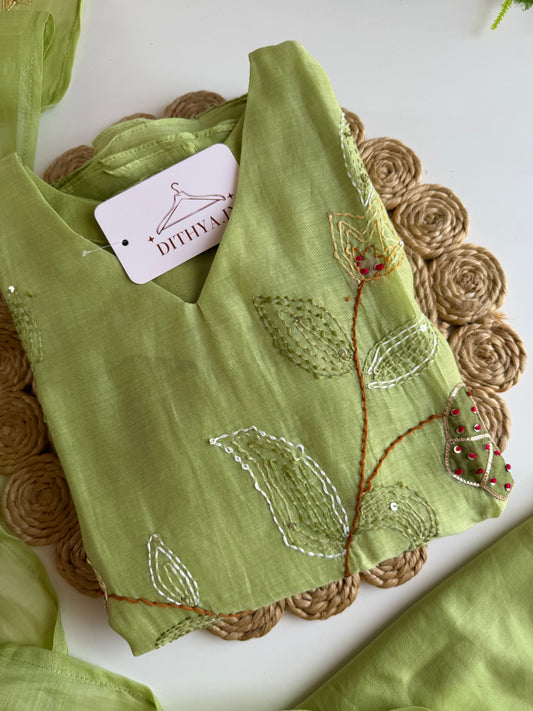 K617 - Mul chanderi embroidered Aline Kurti with pants and dupatta