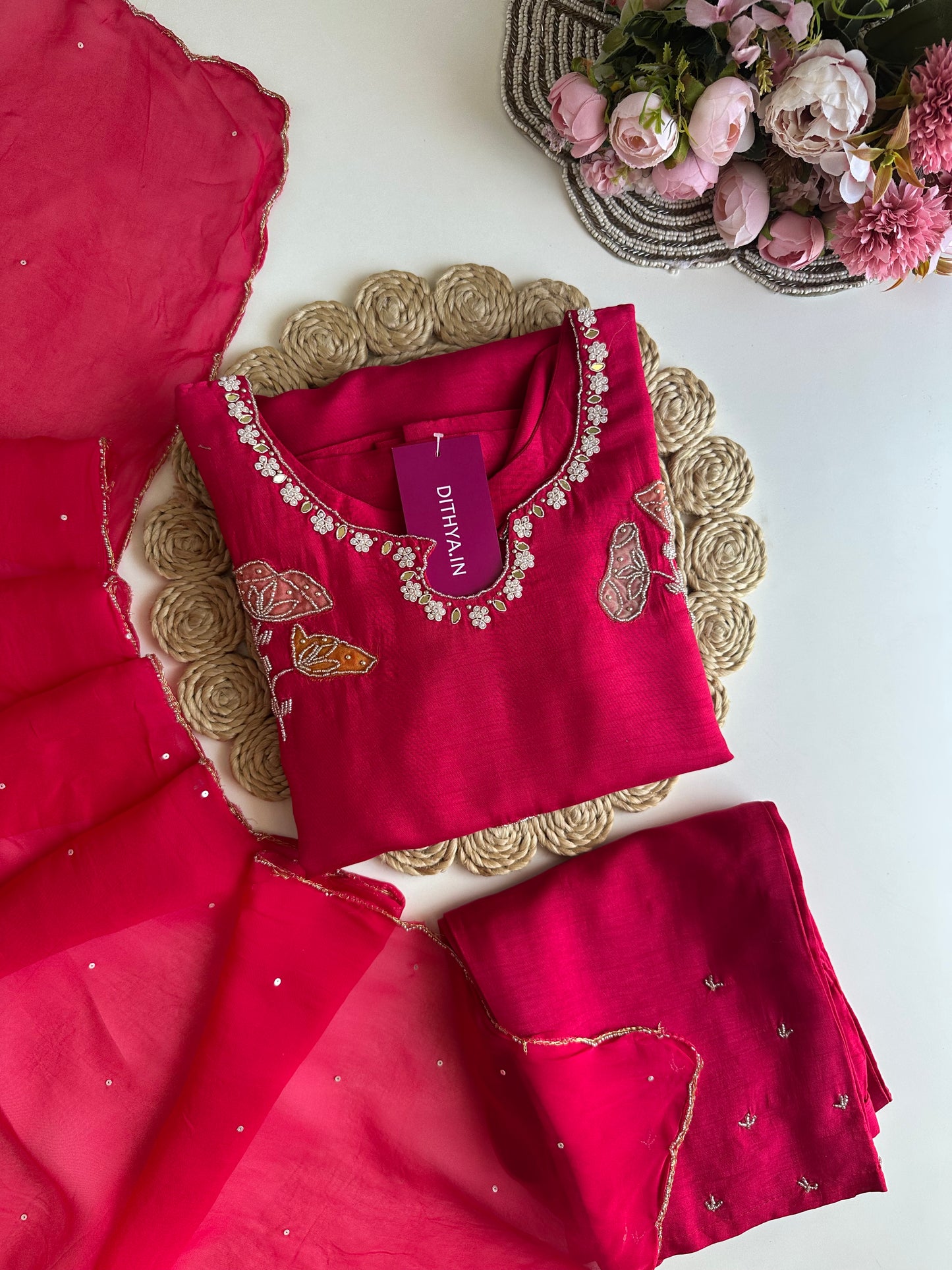K173 - Russian silk handwork Straight Kurti with pants and dupatta