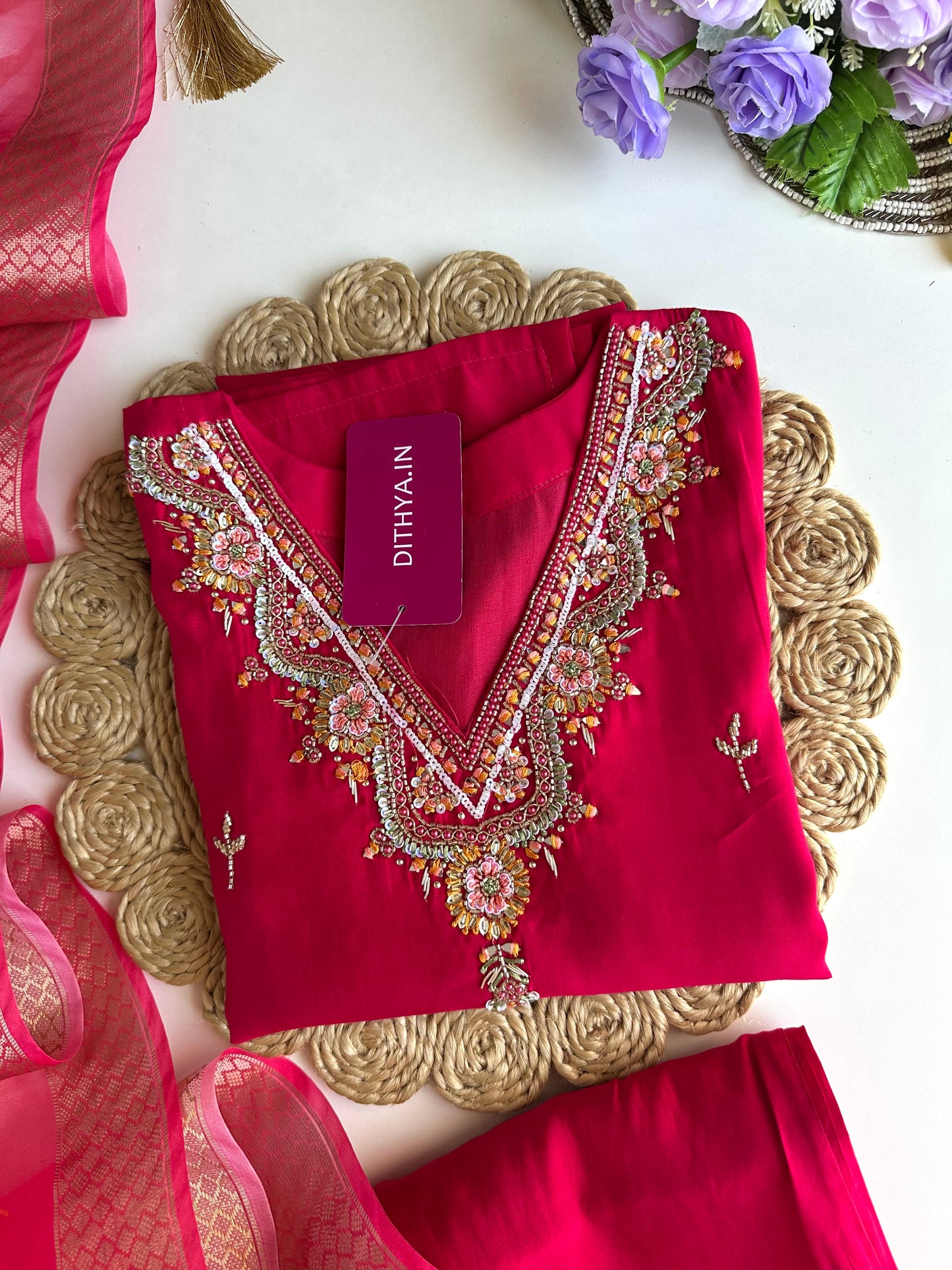 K024 - Roman silk handwork straight Kurti with pants and dupatta in 3 colours