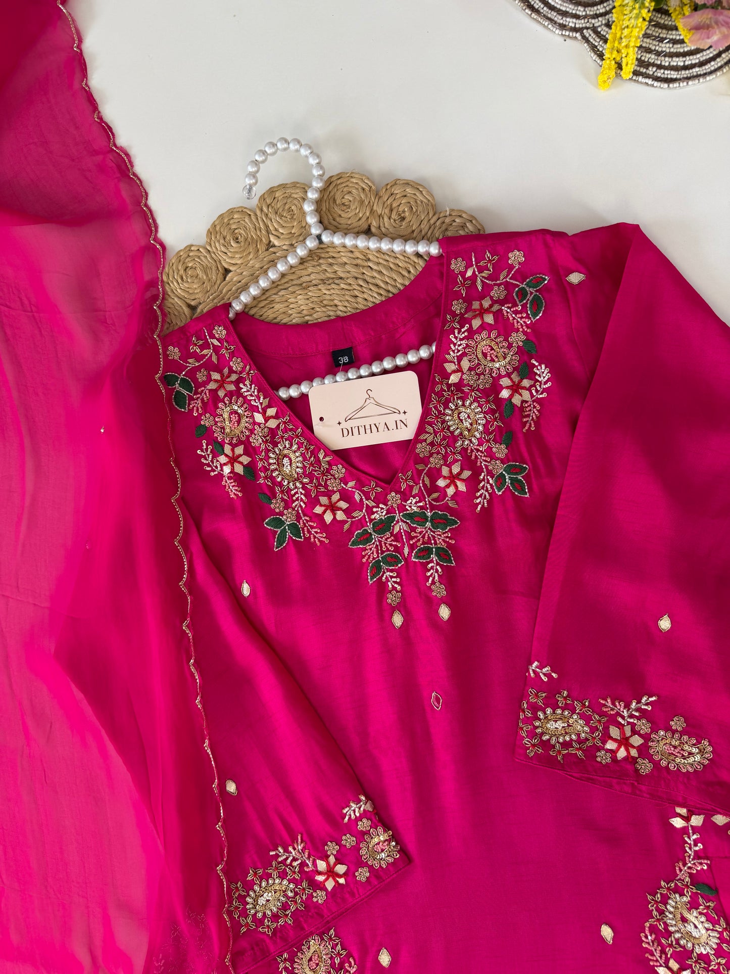 K520 - Russian silk handwork aline Kurti with pants and dupatta