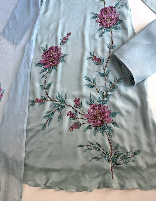 K325 - Pure Chinnon handwork Aline Kurti with pants and dupatta