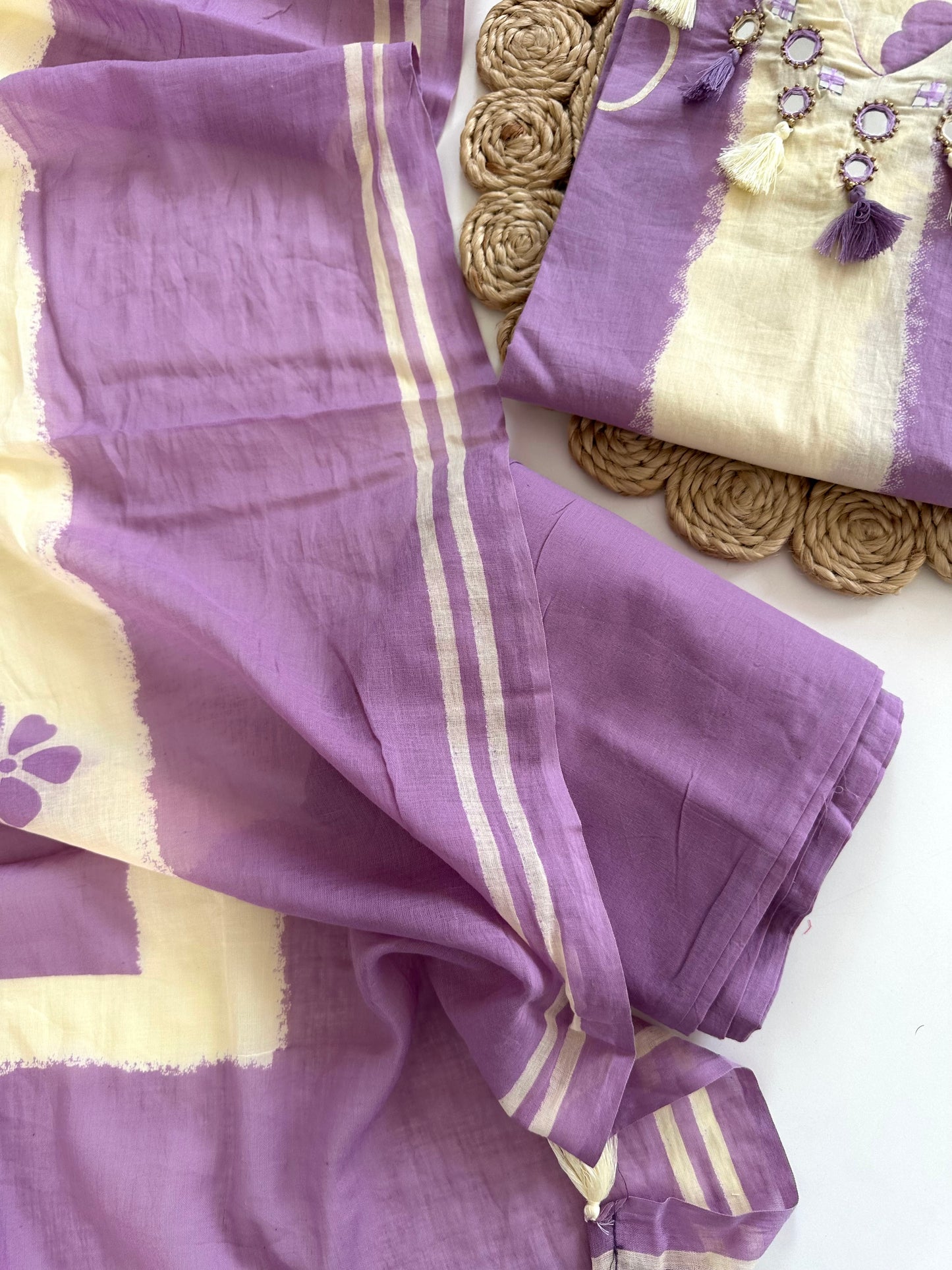 K337 - Cotton mirror work straight Kurti with pants and dupatta in 2 colours