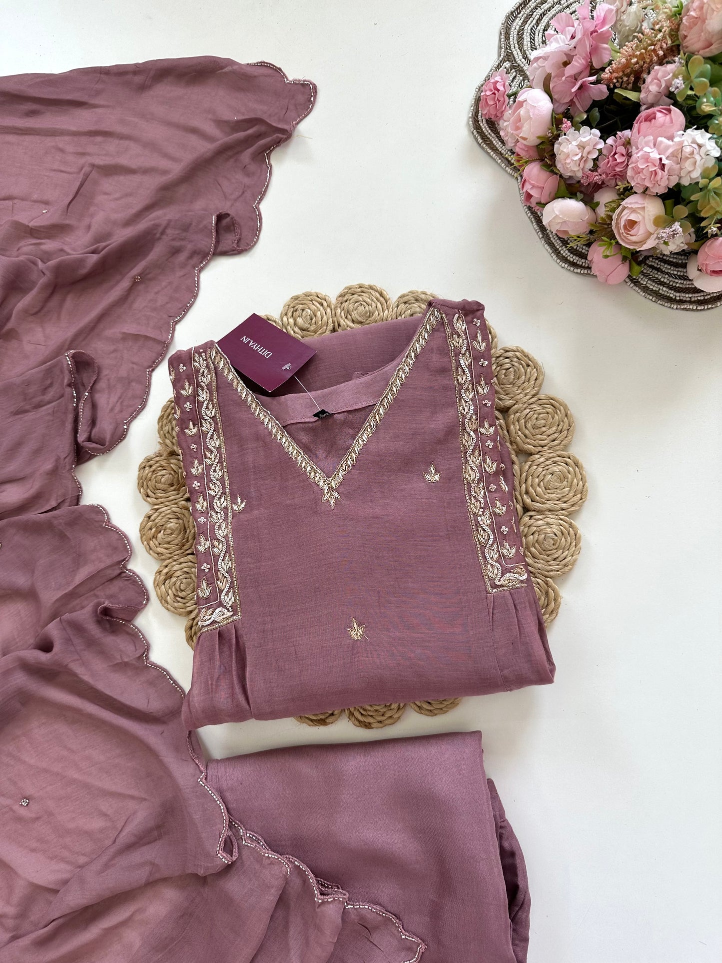 K261 - Mul Chanderi handwork Anarkali with pants and dupatta in 2 colours