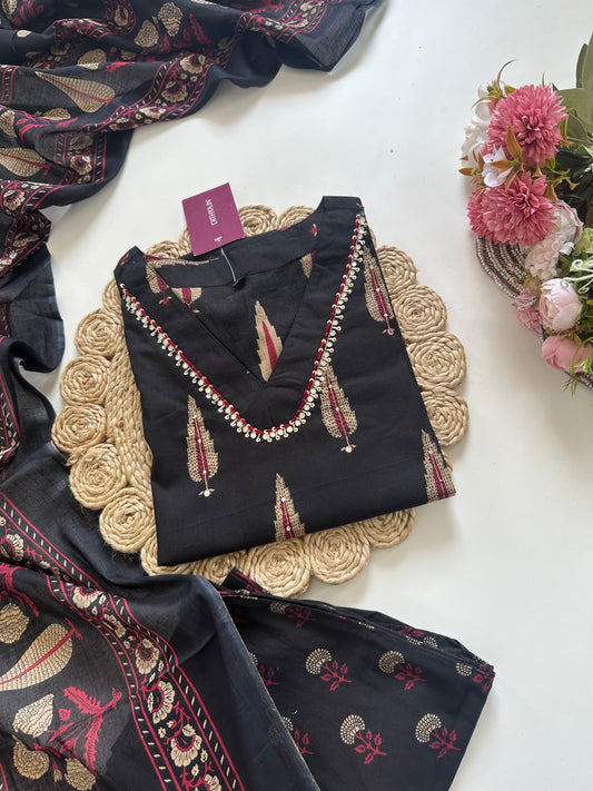 K234 - Cotton printed straight kurti with pants and dupatta.