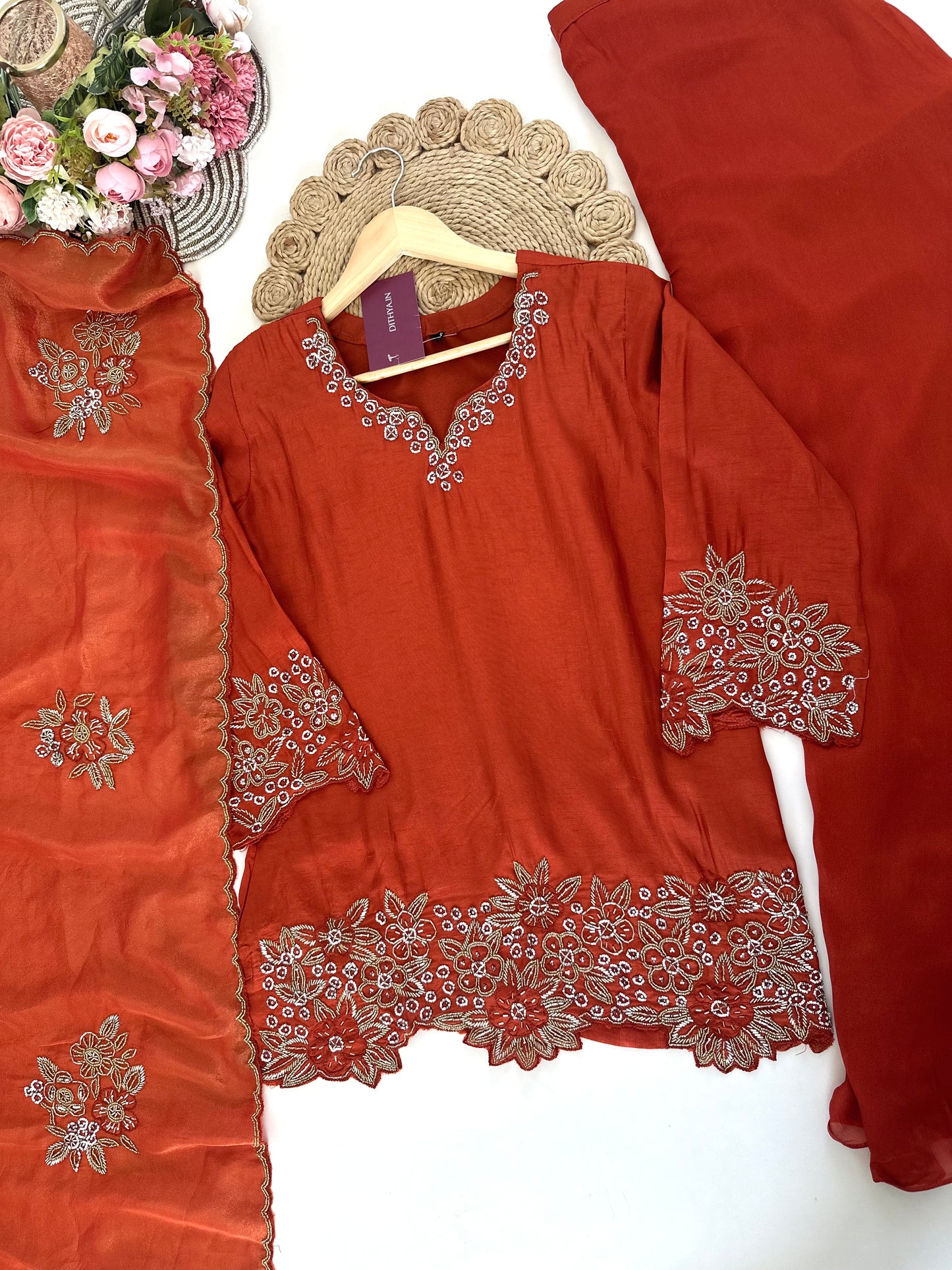 K207 - Russian silk handwork Kurti with palazzo and dupatta in 2 colours.
