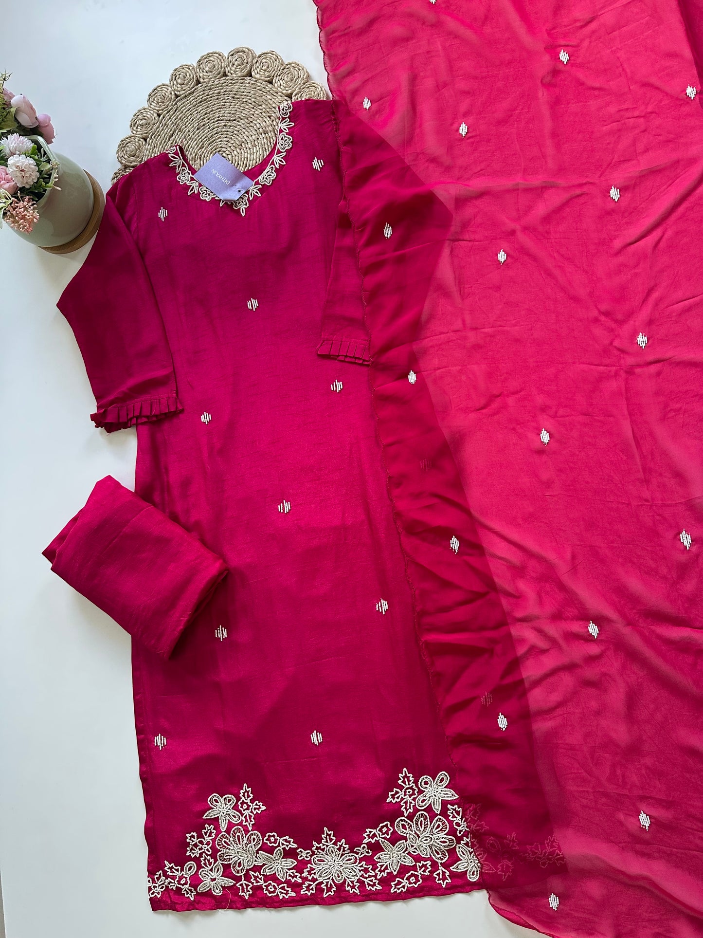 K202 - Russian silk pearl work straight kurti with pants and dupatta .
