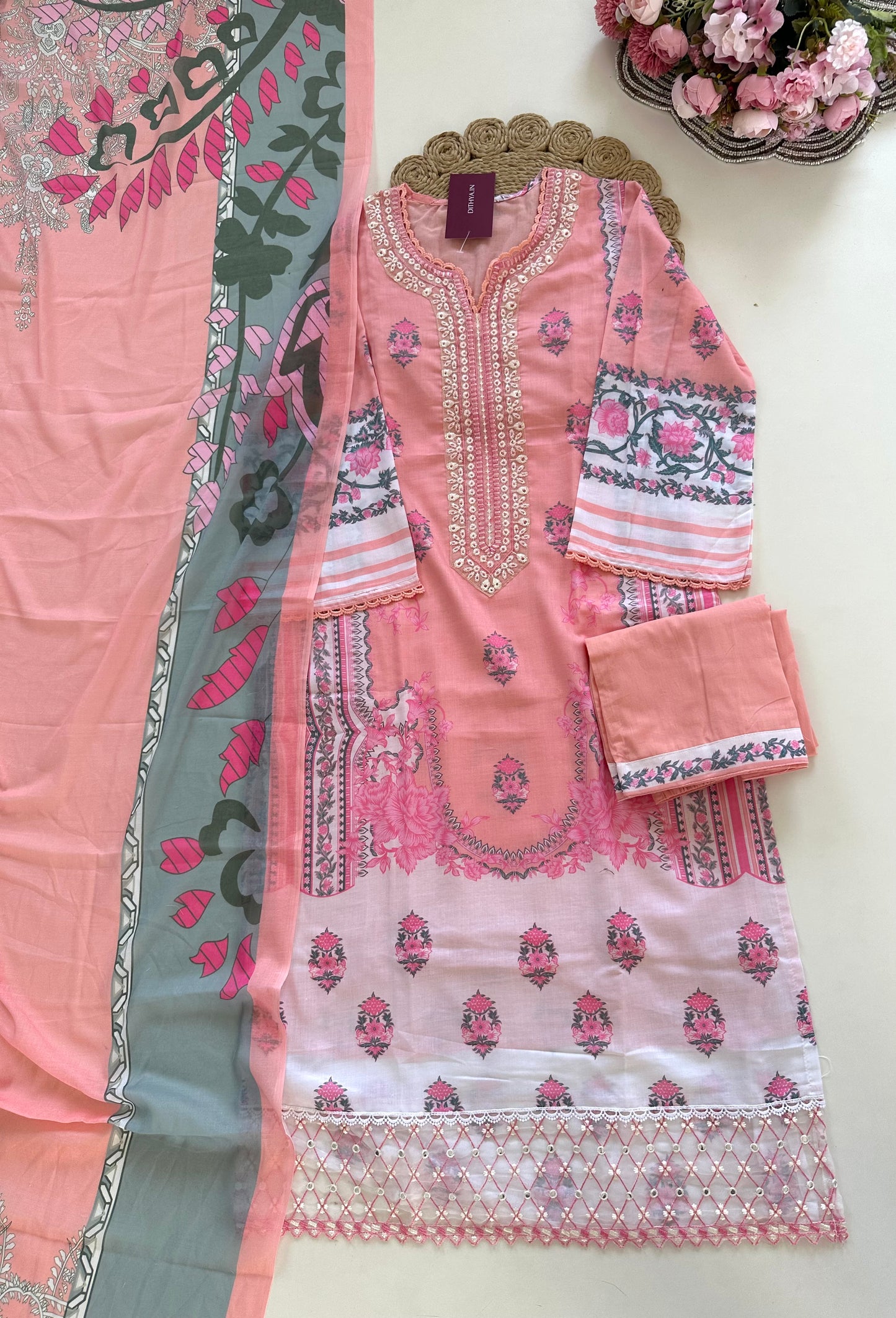 K417 - Cotton embroidered straight Kurti with pants and dupatta