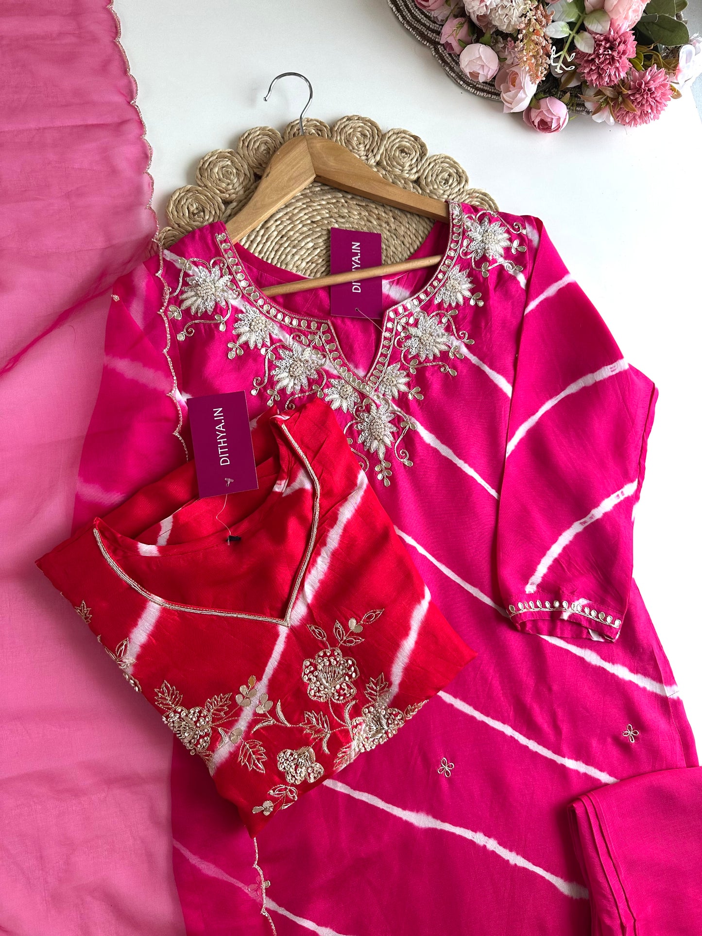 K016 - Russian silk leheriya handwork Straight Kurti with pants and dupatta in 2 styles