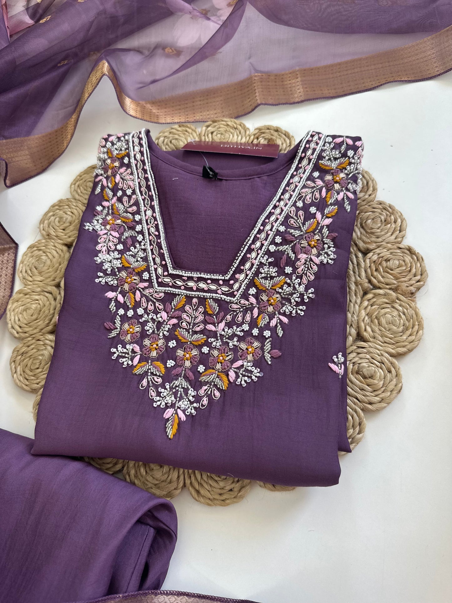 K217 - Modal silk Handwork straight kurti with pants and dupatta in 2 colours .