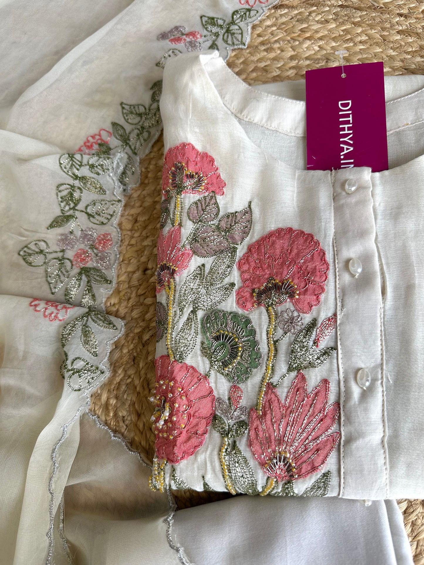 K153 - Mul Chanderi handwork straight Kurti with pants and dupatta