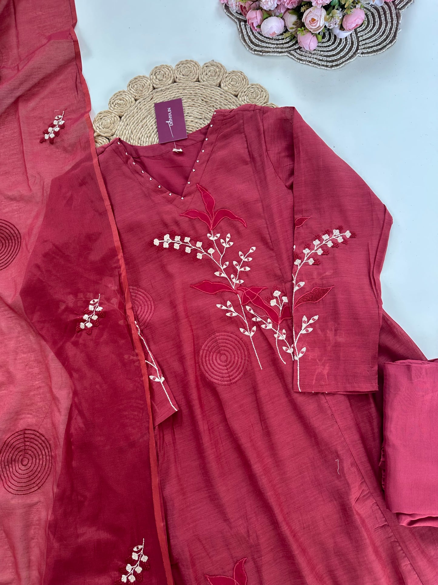 K210 - Mul Chanderi appliqué work Anarkali with pants and dupatta in 2 colours