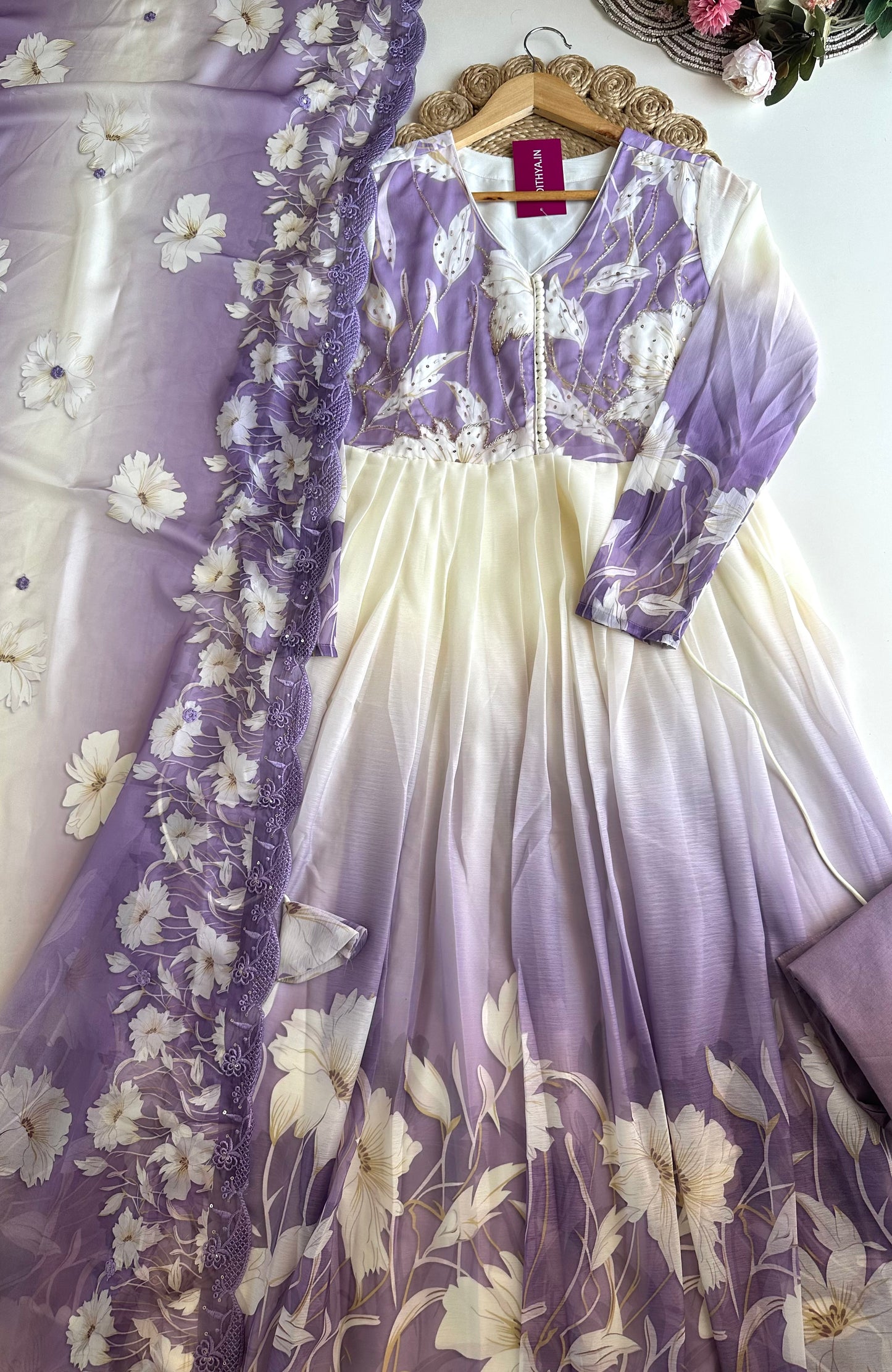 K426 - Chinnon handwork Floral Anarkali with pants and dupatta