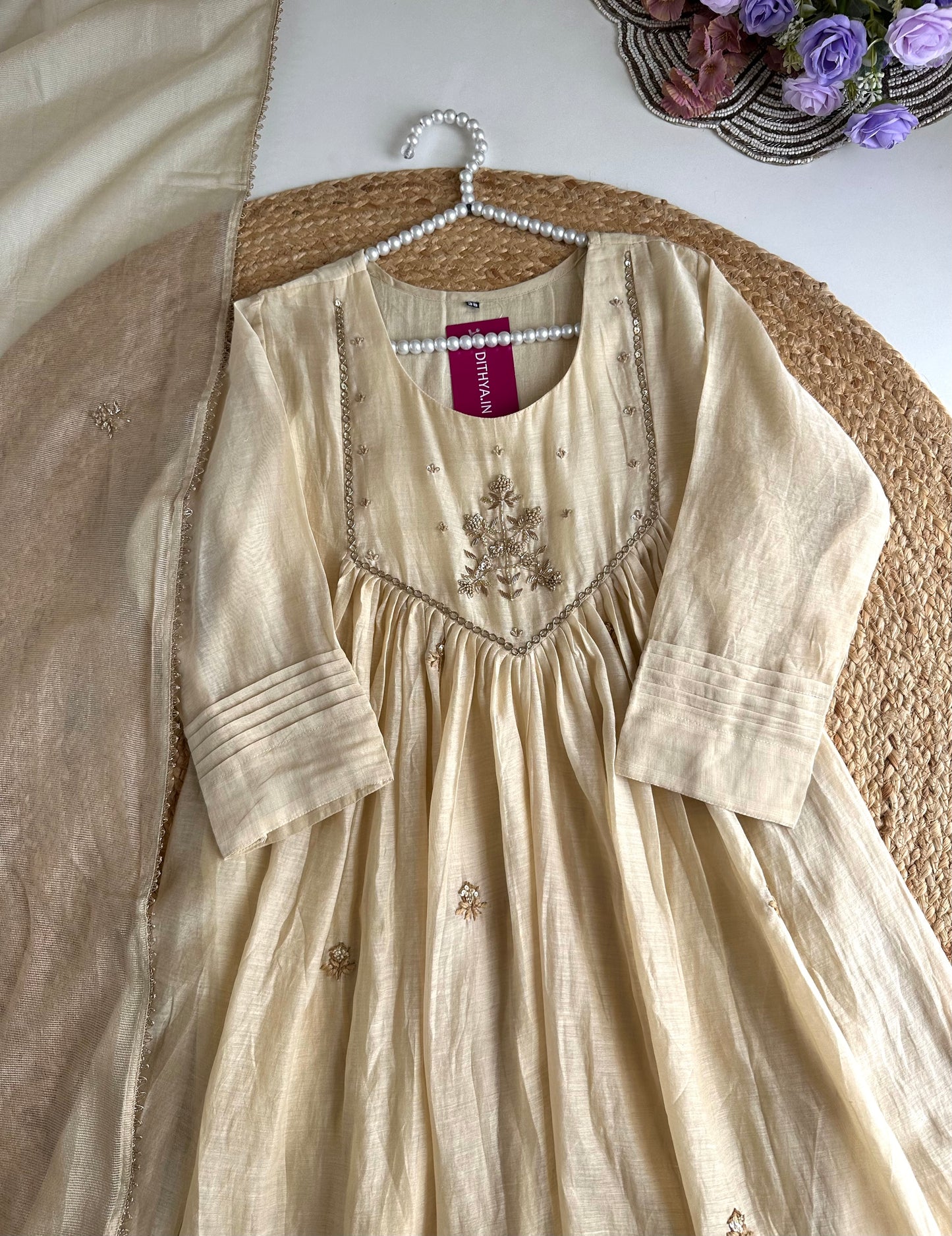 K120 - Mul Chanderi Handwork Anarkali with pants and dupatta