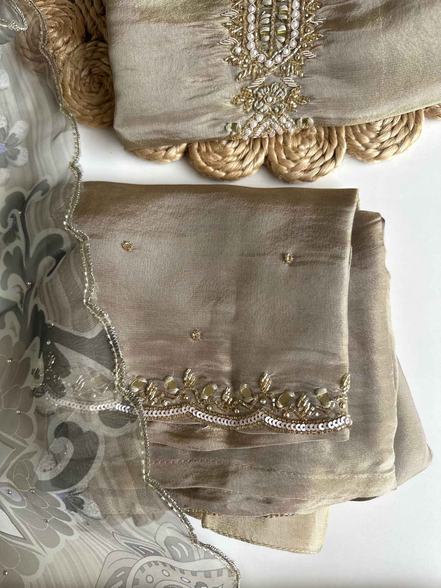 K475 - Tissue silk handwork straight Kurti with pants and dupatta