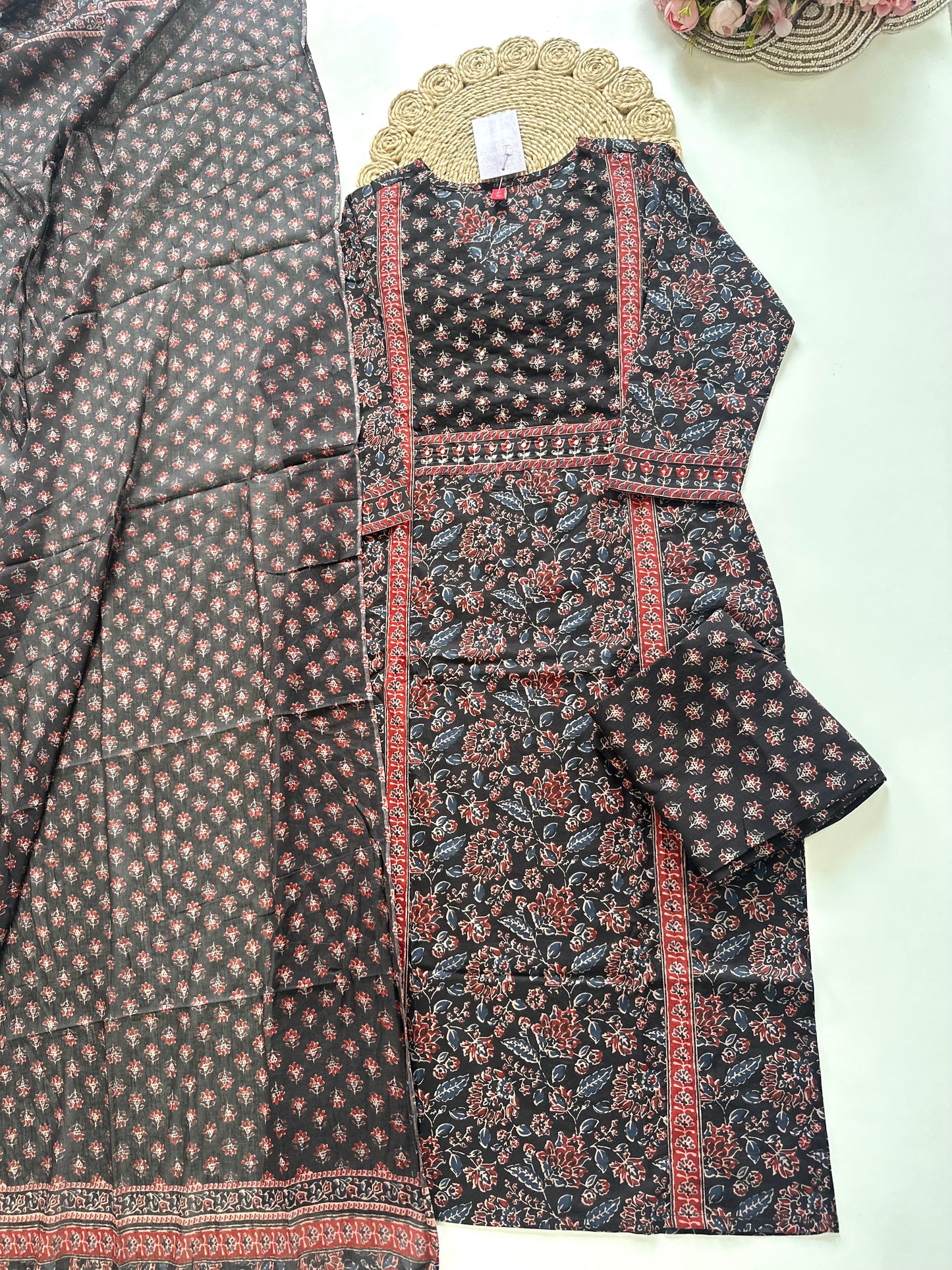 K015 - Cotton printed straight kurti with pants and dupatta.