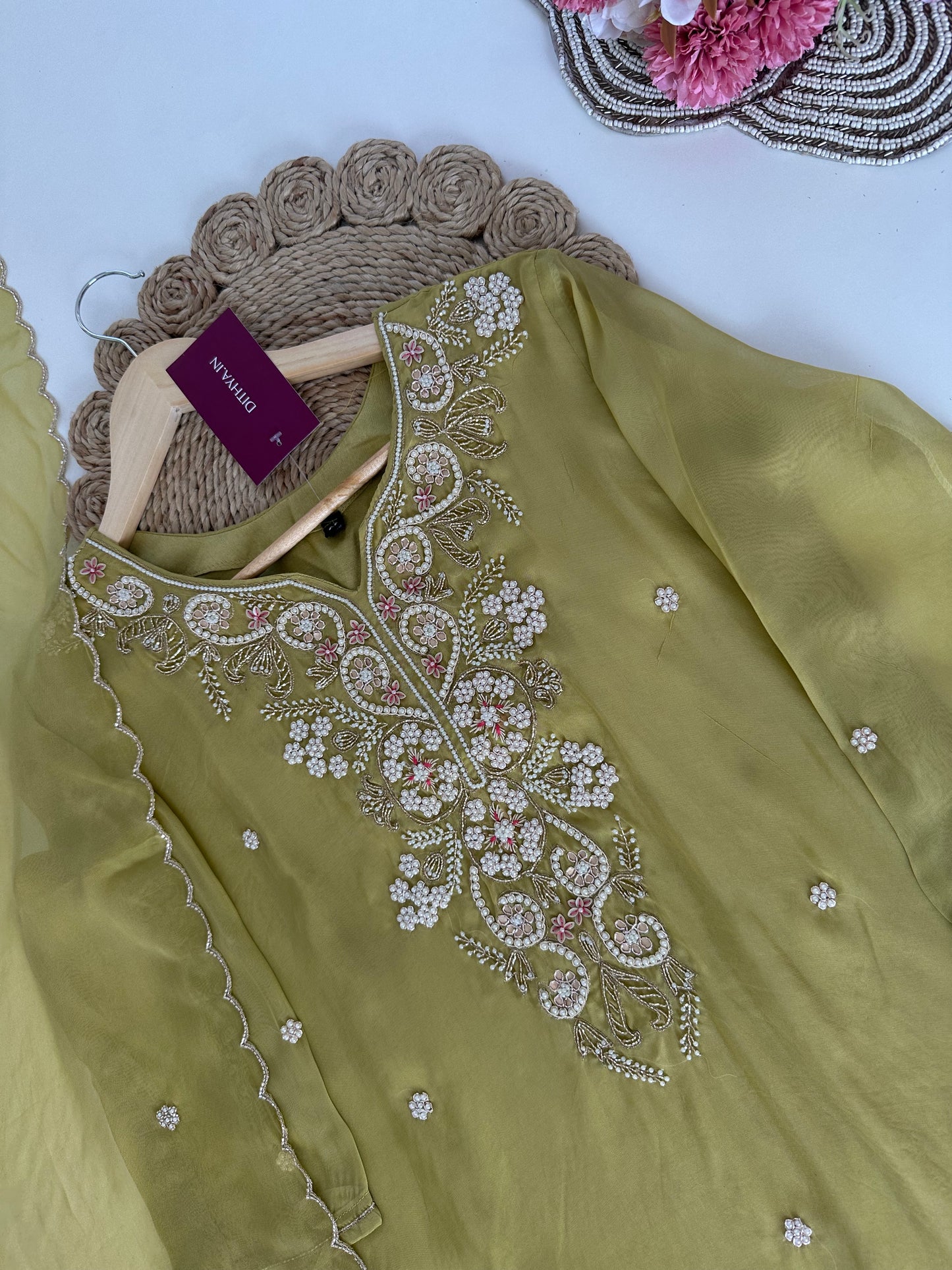 K137 - Viscose organza Handwork straight kurti with pants and dupatta.