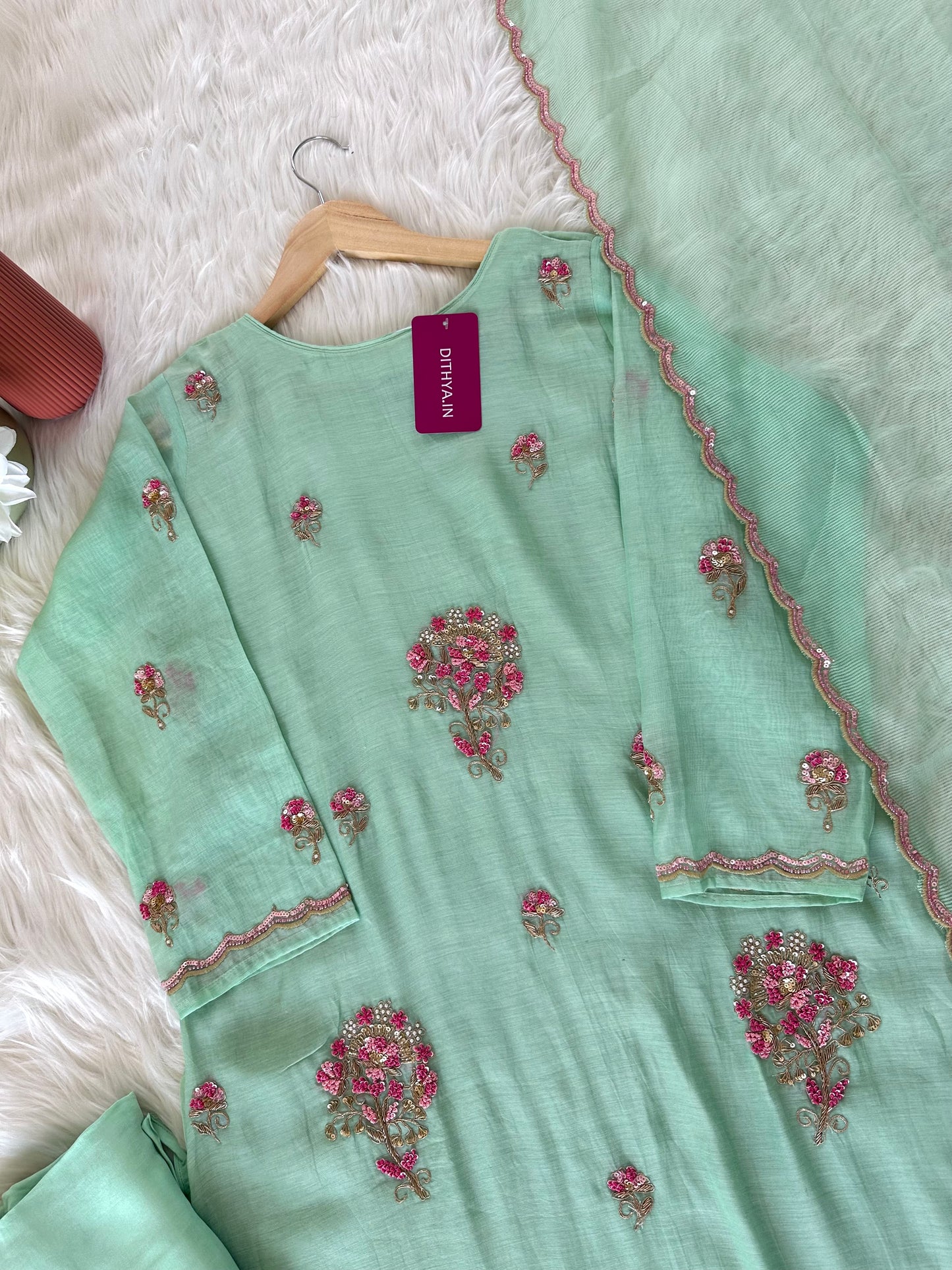 K259 - Mul Chanderi handwork Aline Kurti with pants and dupatta