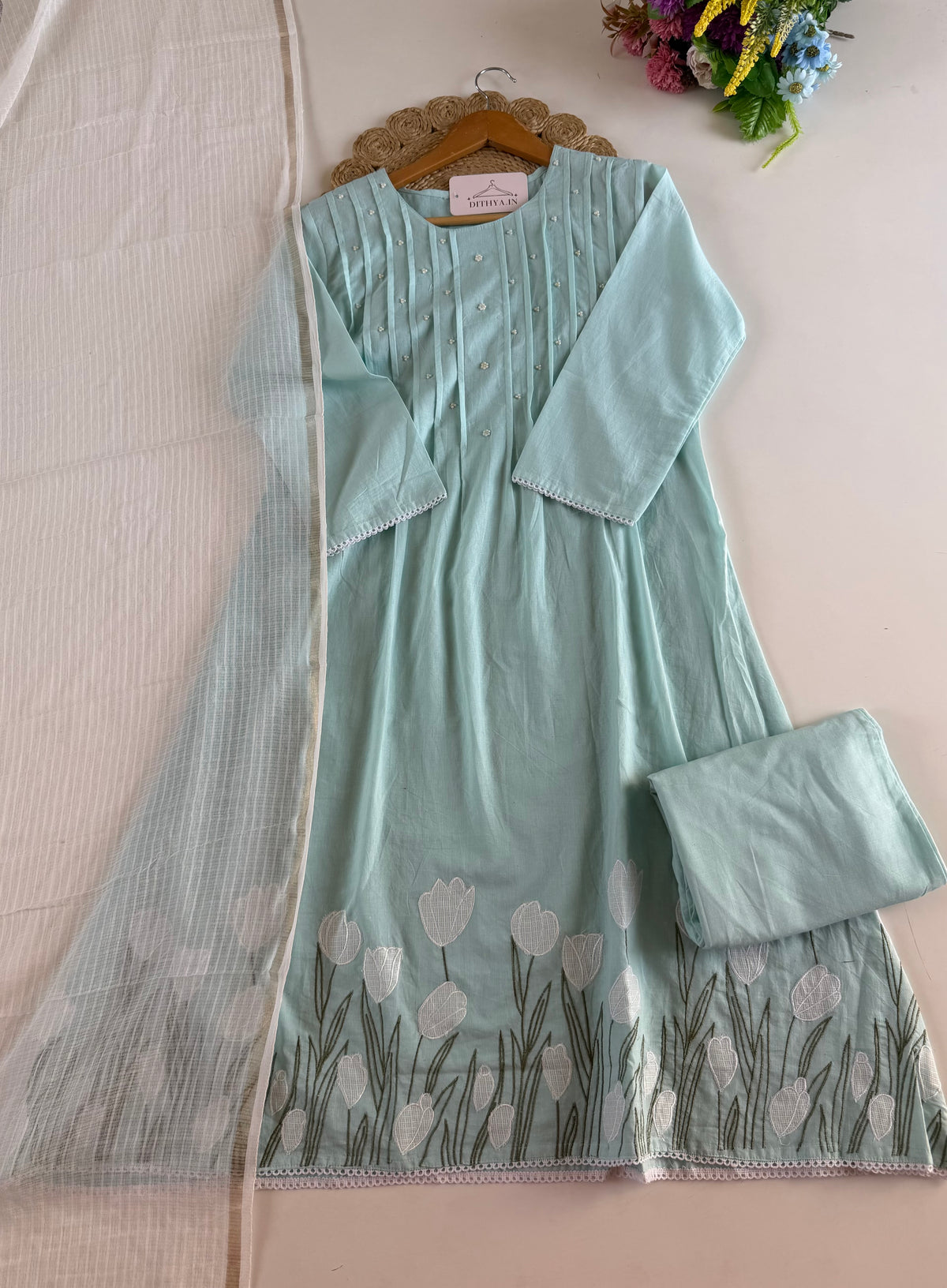 K399 - Mul cotton embroidered Aline Kurti with pants and dupatta